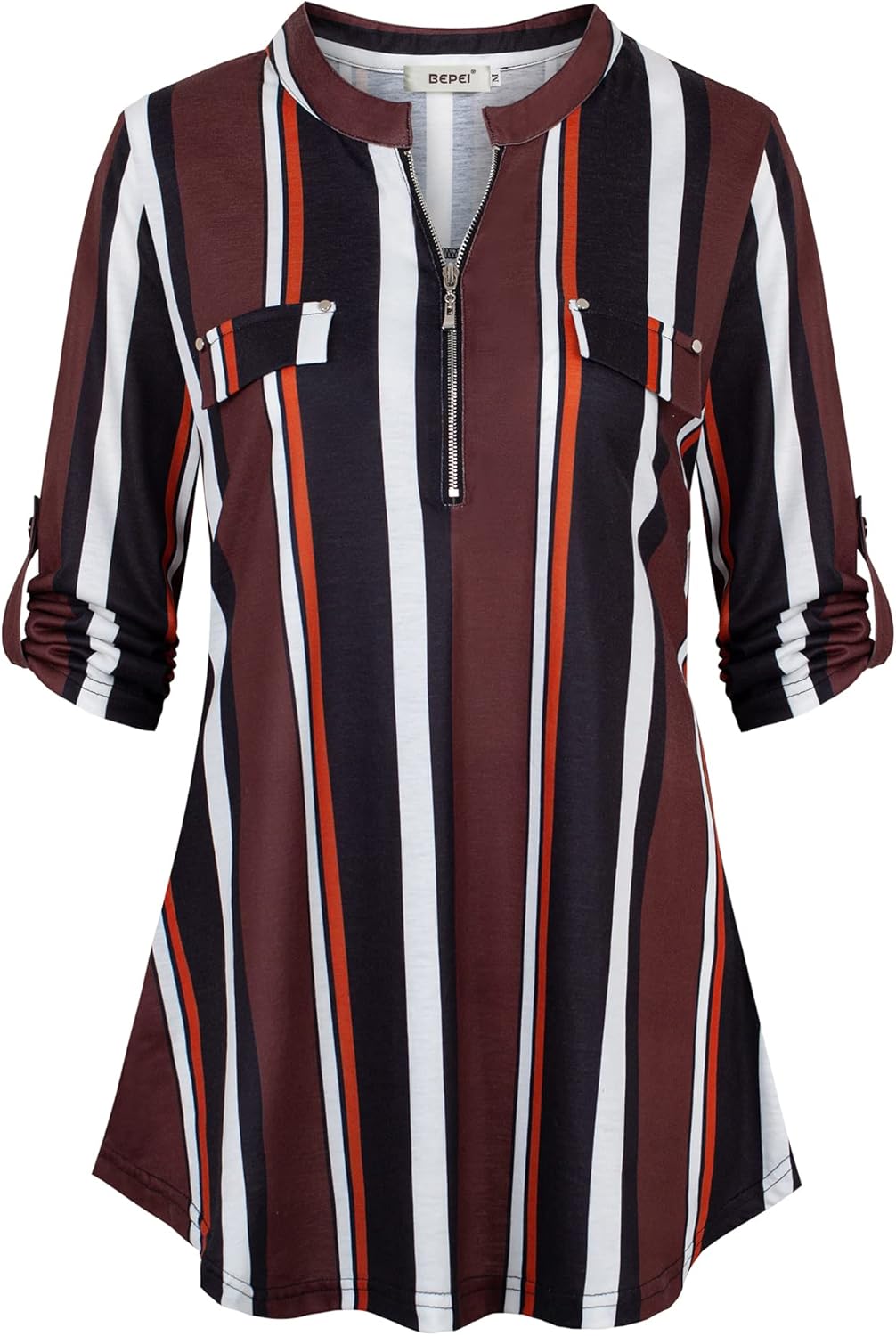 BEPEI Womens Floral 3/4 Sleeve Shirts Zip up V Neck Work Chiffon Blouses Top