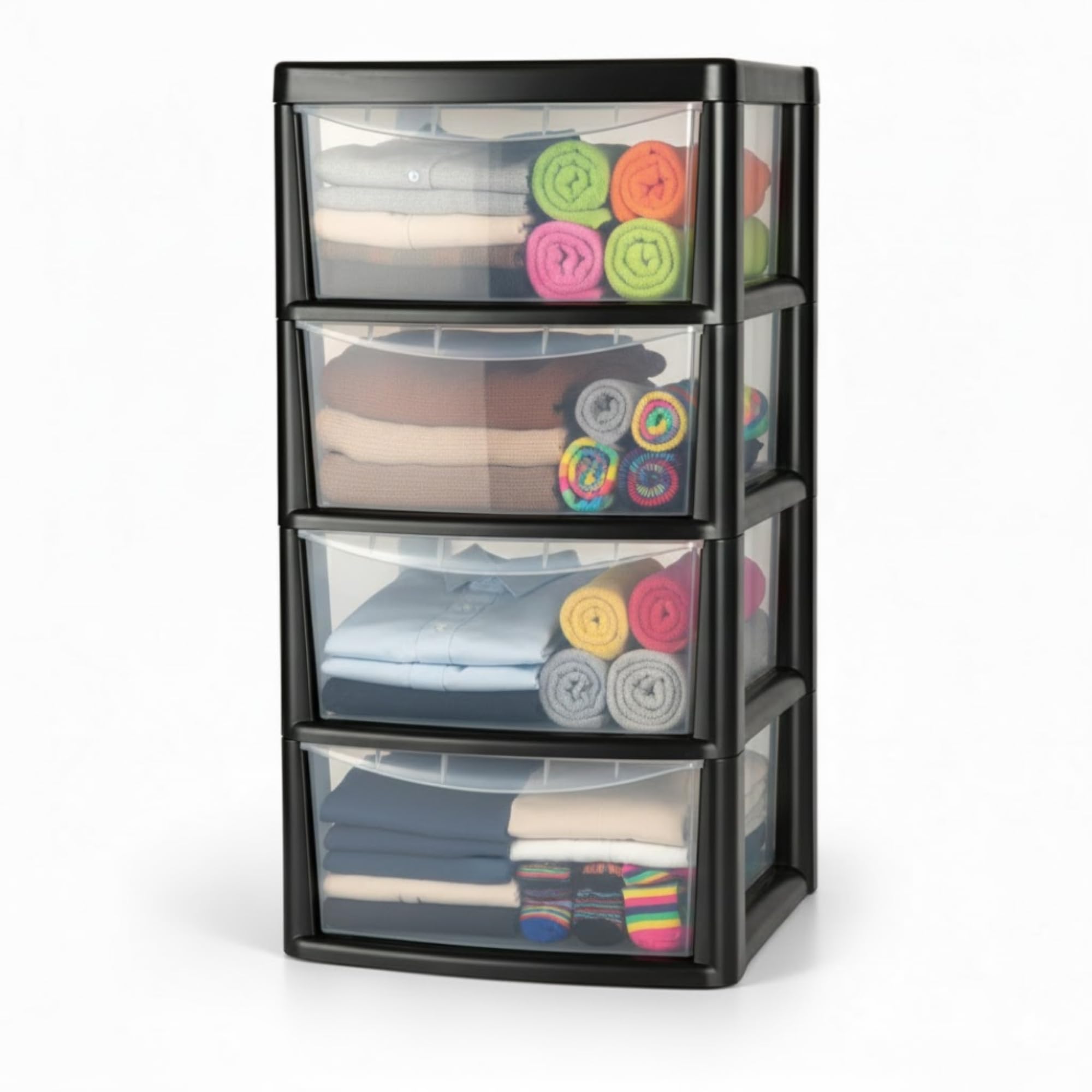 ALEEZ - Large Plastic Drawer Storage Unit - Rattan Effect 4 Drawer Cabinet - Multipurpose Storage Organiser - Office, Tabletop Desktop Drawer - Bedroom Chest Drawer Unit - (Black/Clear, 4 Drawer)