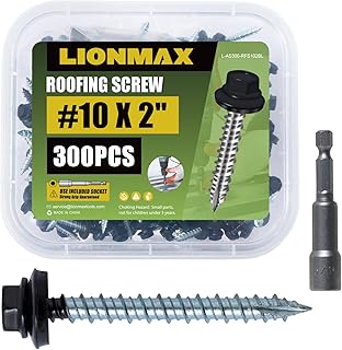 LIONMAX Metal Roofing Screws #10 × 2 Inch, 300-PCS, Black Painted Hex Head Sheet Metal Roof Screws, Rubber Washer, Sharp Point, Metal to Wood Siding Screws, Hex Socket Included