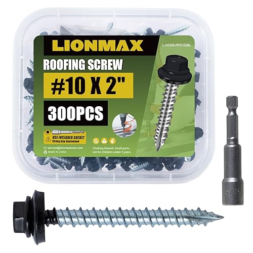 LIONMAX Tornillos de metal para techos #10 × 2 pulgadas, 300 unidades, tornillos de techo de chapa de metal pintado en negro, arandela de goma,