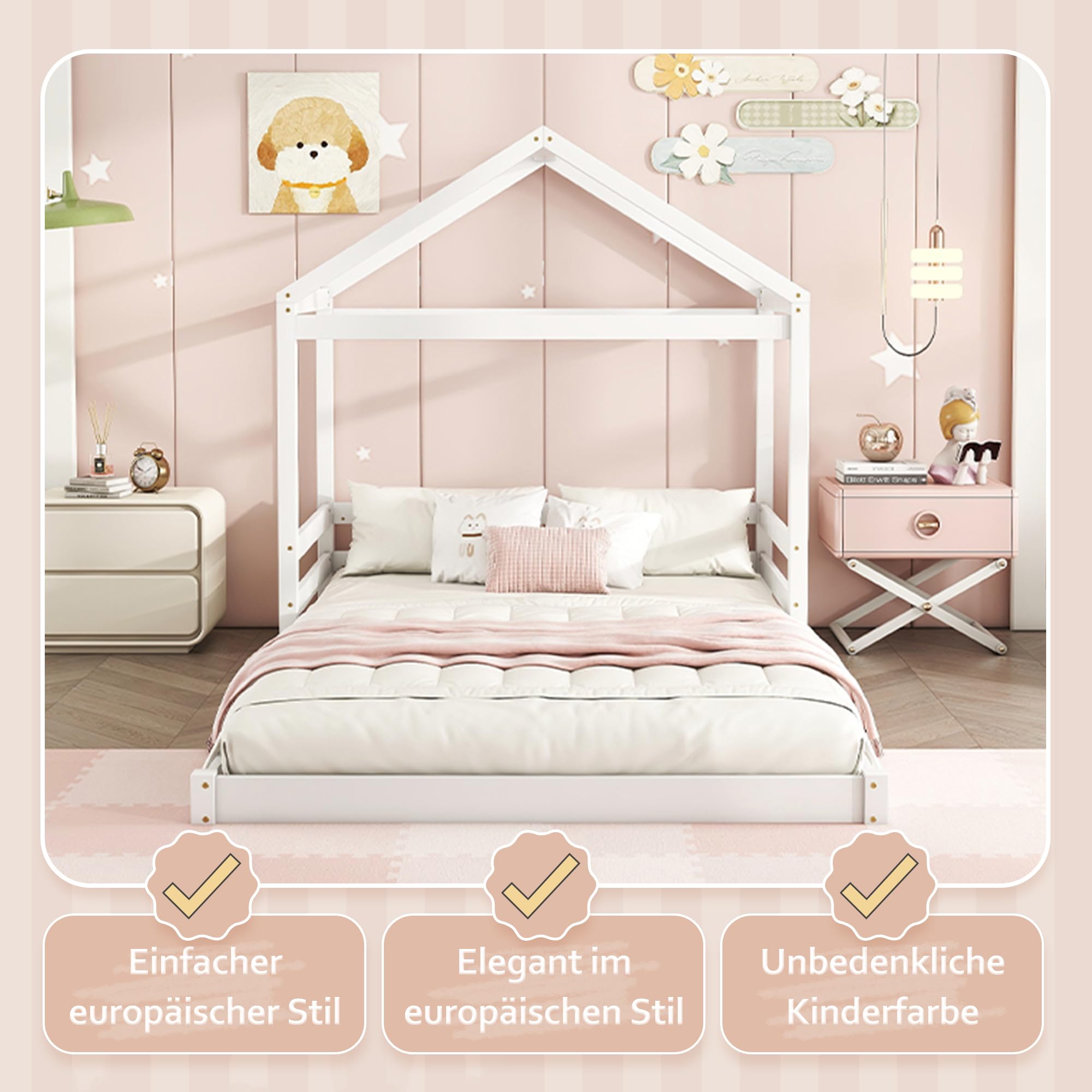 Kinderbett Bodenbett Doppelbett 140x200 cm, Bett Hausbett mit Haus Dach&Lattenrost, Holzbett Bettgestell Jugendbett Flachbett Bettrahmen für Kinder Jungen & Mädchen, Kiefernholz, Ohne Matratze, Weiß
