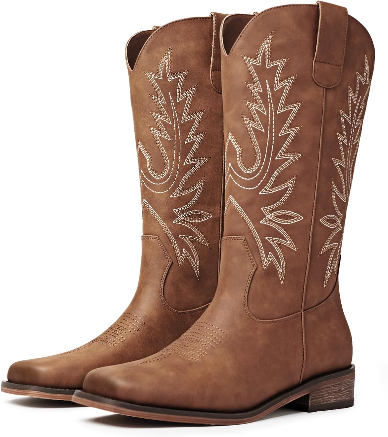 FancyQueen Western Cowboy Boots for Women - Mid Calf Square Toe Cowgirl Boots with Vintage Embroidery, Low Chunky Heel Pull On Country Boots for Rodeo Festival Concert Daily Outfits image 2