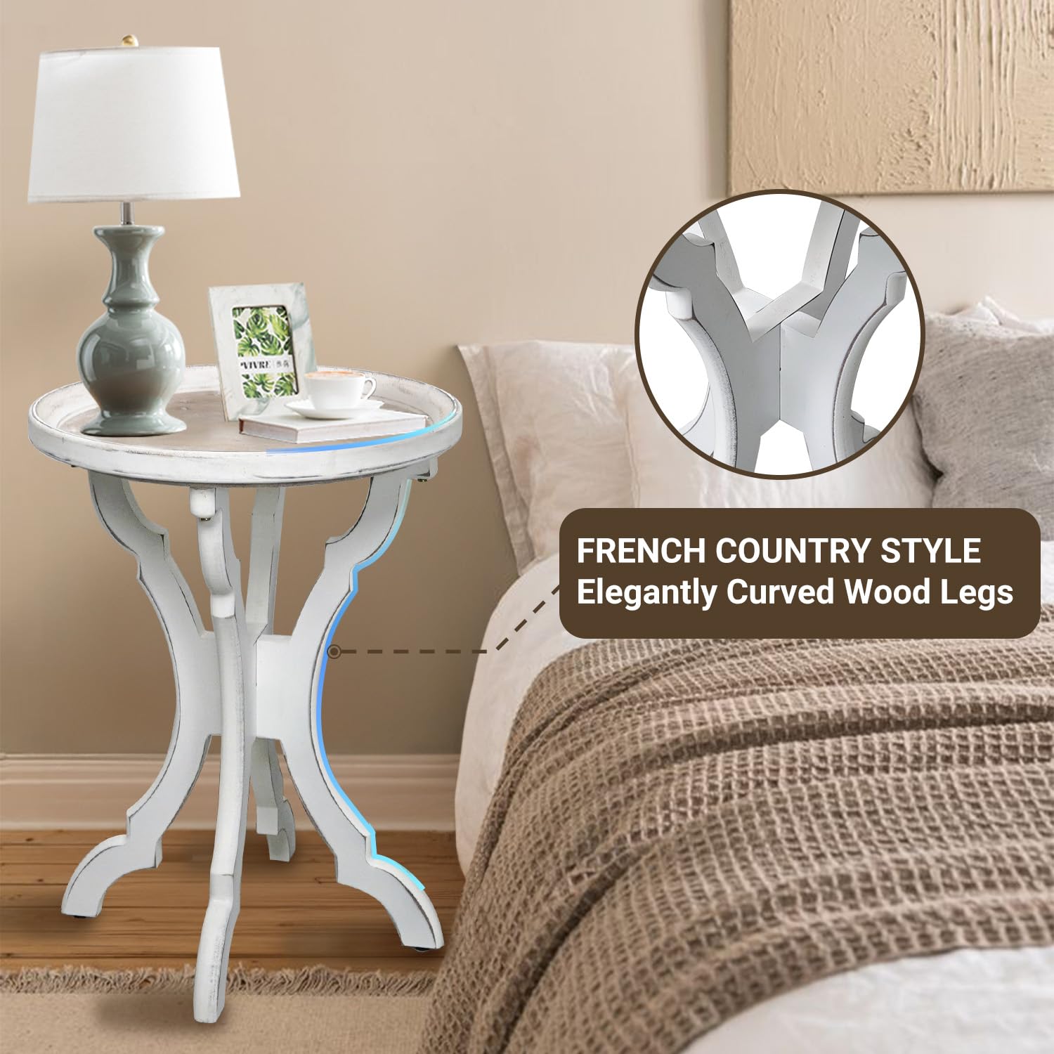 APICIZON Tavolino rotondo 42 cm, altezza 51 cm, tavolino con gambe in legno massiccio, stile scandinavo, comodino in legno per soggiorno, camera da letto, colore: naturale/bianco