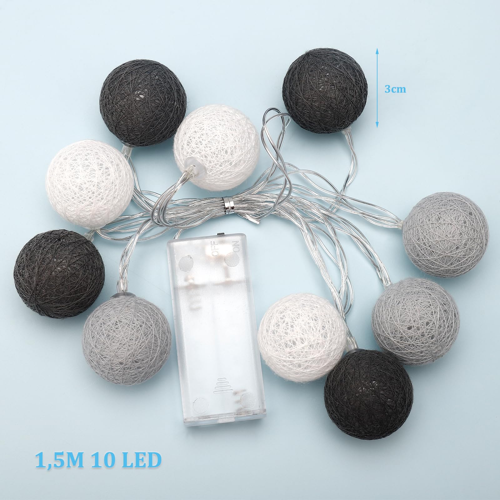 ENLACE LED Fairy Lights, Cotton Balls, 1.5 m, 10 LED Cotton Ball Fairy Lights, Balls, 3 cm Diameter, Cotton Balls, Party Fairy Lights for Children's Room, Wedding, Christmas, Grey - Image 2