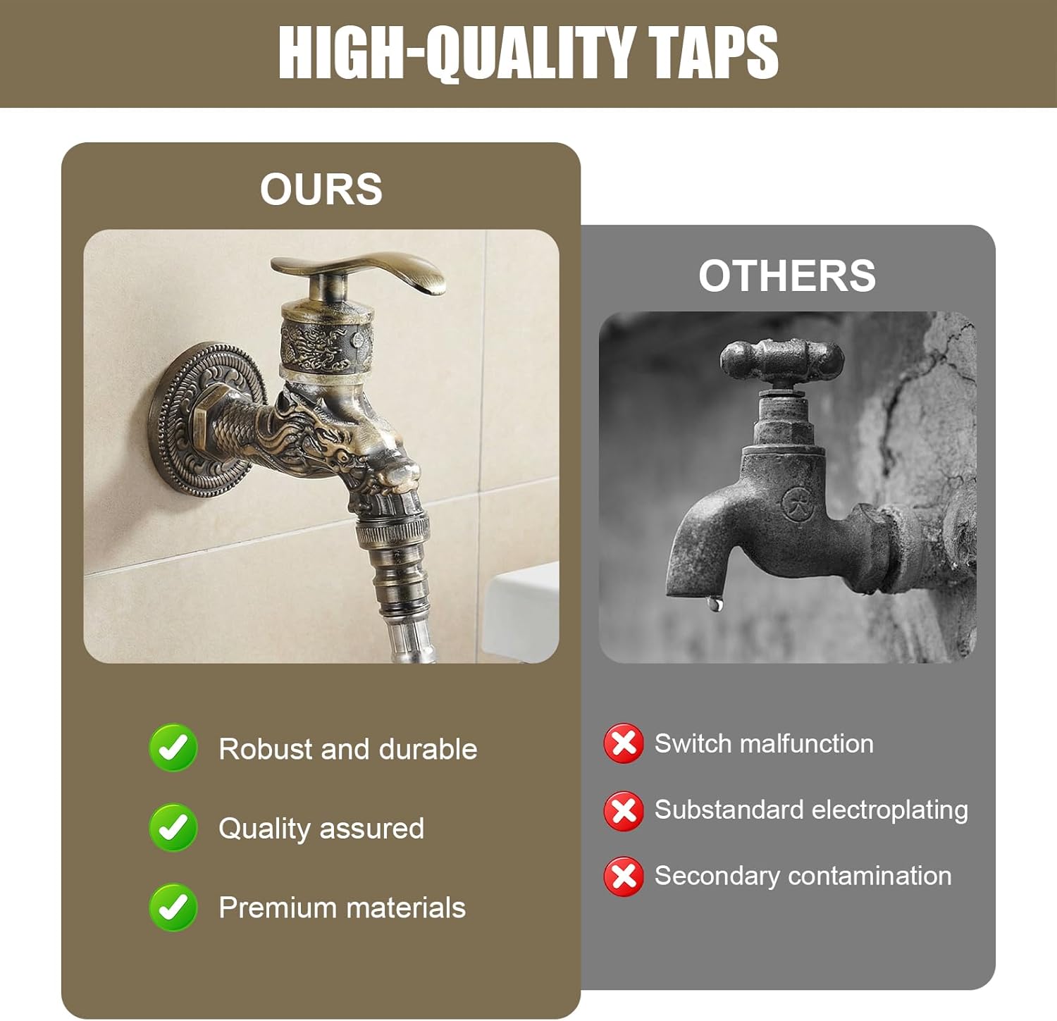 1/2" Vintage Dragon Carved Antique Brass Tap and 10 m Sealing Tape, Wall-Mounted Zinc Alloy Water Faucet for Washing Machine, Mop Sink, Kitchen, Garden or Bathroom, Easy Installation