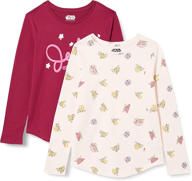 Amazon Essentials Disney | Marvel | Star Wars | Frozen | Princess Girls' Long-Sleeve T-Shirts, Pack of 2, Multi, 2 Years