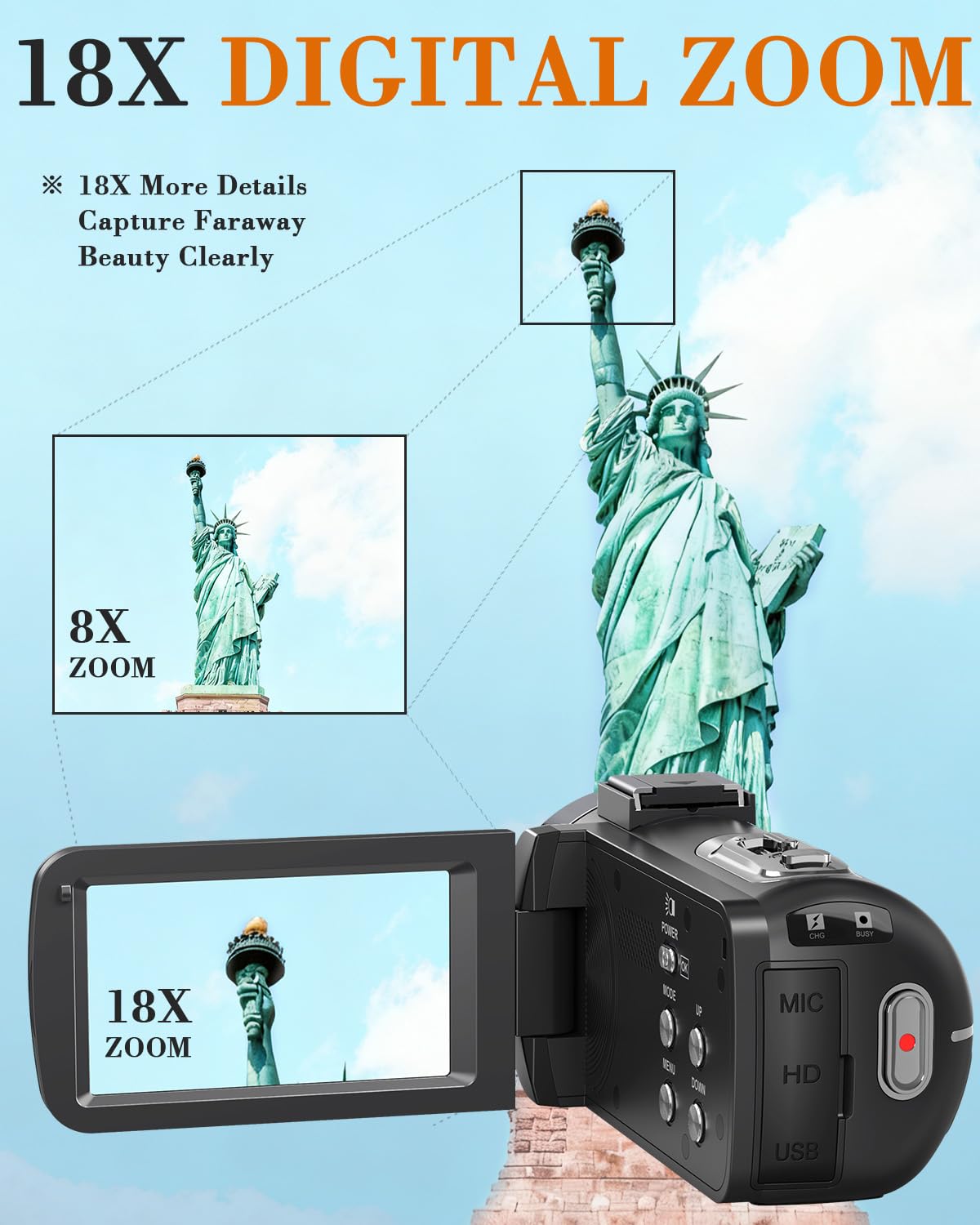 Videocamera digitale 8K 64MP 18X Videocamera per YouTube 3 pollici Flip Screen Videocamera Vlogging con scheda SD da 32 GB, telecomando 2.4G, due batterie