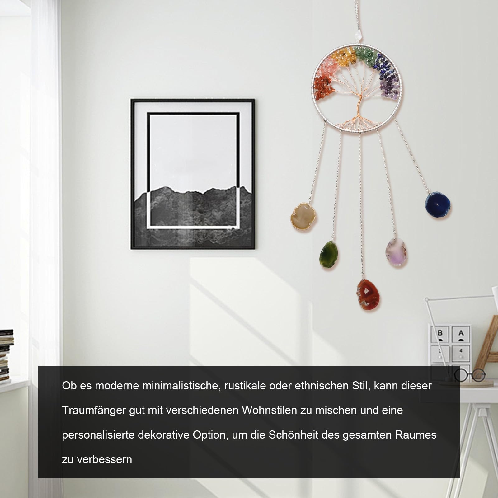 Hoypeyfiy Cristales árbol de la vida atrapasueños, piedra preciosa natural ágata chakra escudo colgante de pared decoración del hogar para meditación yoga arte de pared