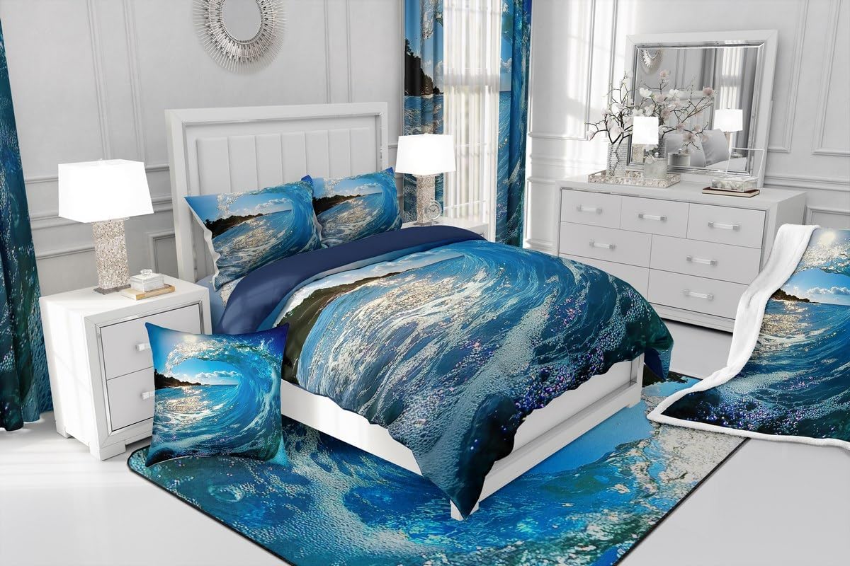 Feelyou Japanese Wave Comforter Set King Size Kids Ocean Wave Bedding Set for Boys Girls Teens Sunset Comforter Breathable Sea Waves Duvet Set Room Decor Quilt Set
