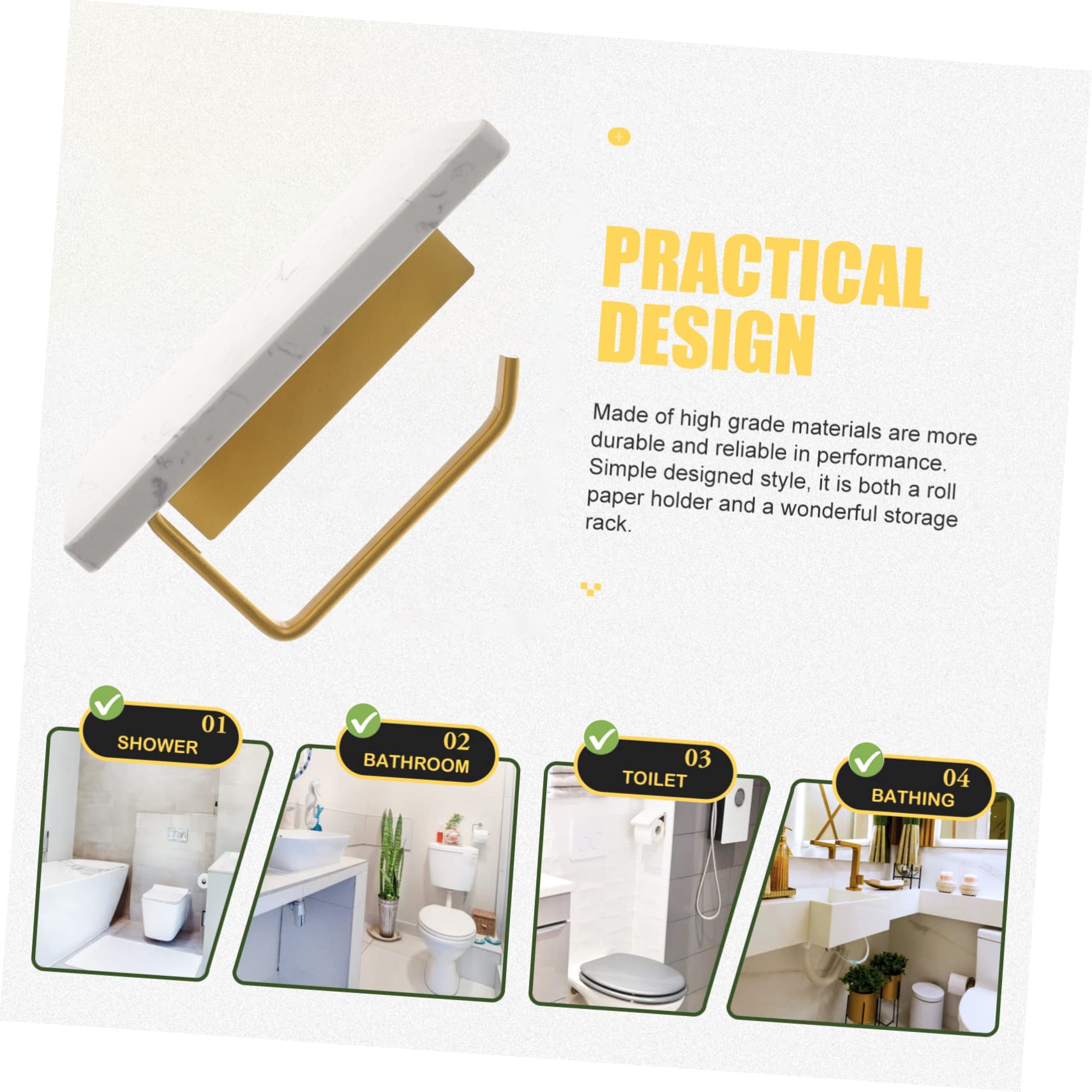 UKCOCO Portarrollos de Papel Higiénico de Mármol Blanco, Soporte de Aluminio Montado en Pared con Estante, Fácil de Instalar para Baño