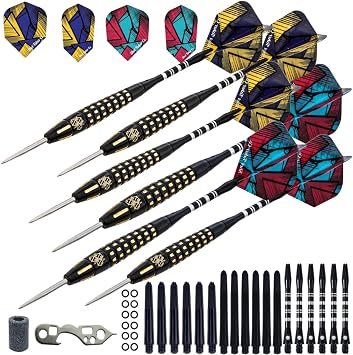 6pc Steel Tip Darts Set - Professional Darts for Dartboard - Includes Barrels + Plastic/Aluminum Shafts + ORings + Flights + Sharpener + Wrench