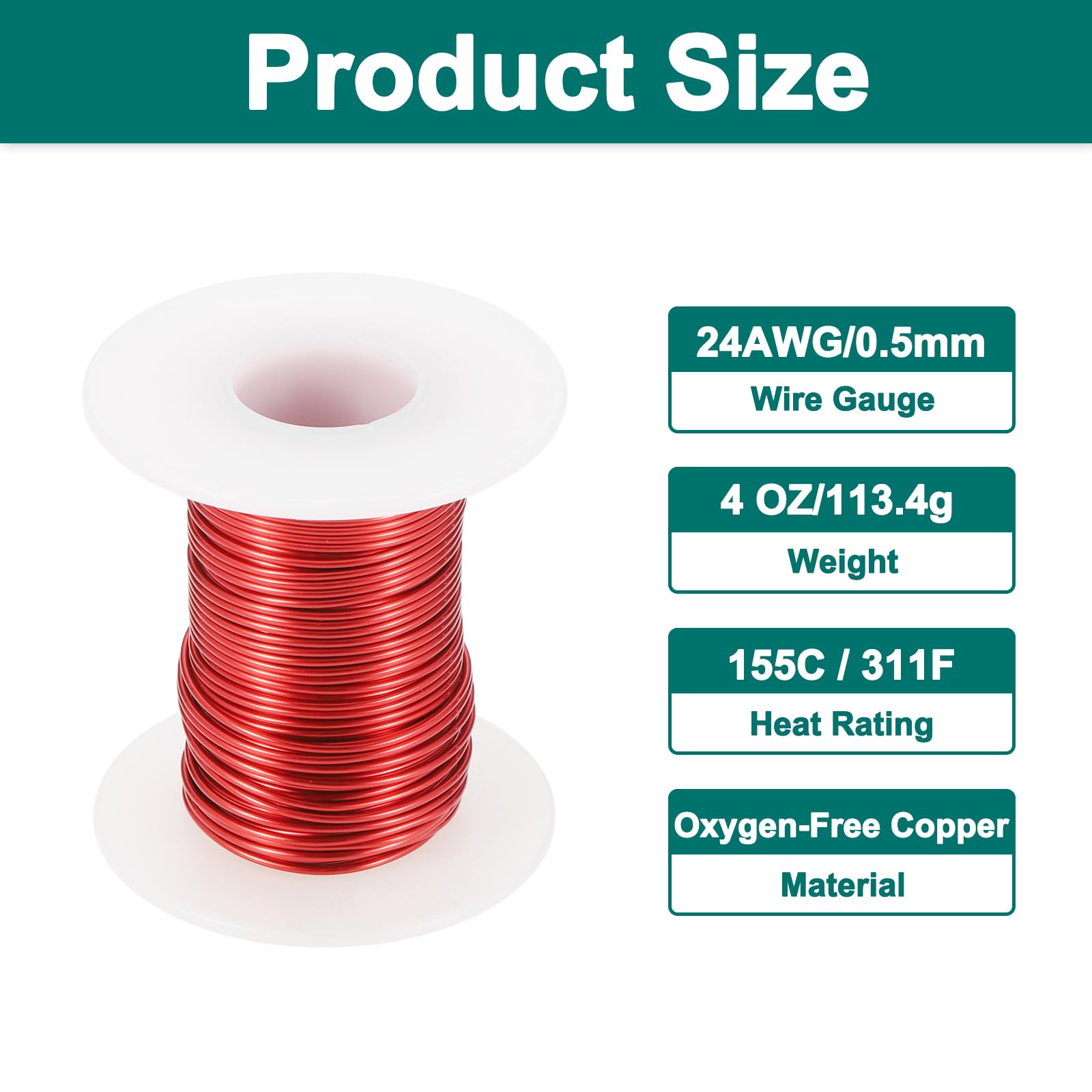 QUARKZMAN 24AWG Alambre Esmaltado de Cobre 0.5mm Magnético Bobina Transformador Motor Eléctrico Grado F 155°C 4oz Rojo