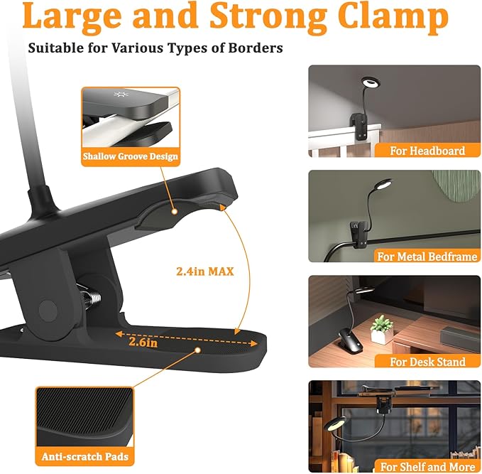 HECDSTLY Clip on Light Rechargeable with Large Clamp, Battery Operated Bed Headboard Reading Lamp - 5 Colors 5 Brightness, Flexible Arm Book Light at Night for Kids Desk Bunk Metal Bed Frame (Black) photo 2