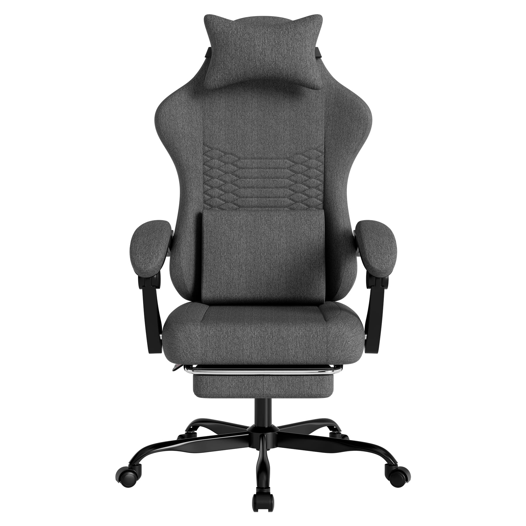 Fotel gamingowy z materiału z funkcją masażu i zagłówkiem – ergonomiczne siedzisko dla graczy z wysuwanym podnóżkiem, wygodne krzesło biurowe, ciemnoszare