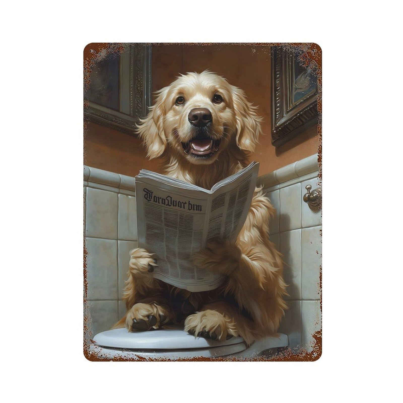 Golden Retriever Reading Newspaper on Toilet Vintage Rust Metal Sign 15.7"x11.8", Ideal for Basement, Hobby Room And Garage Decor