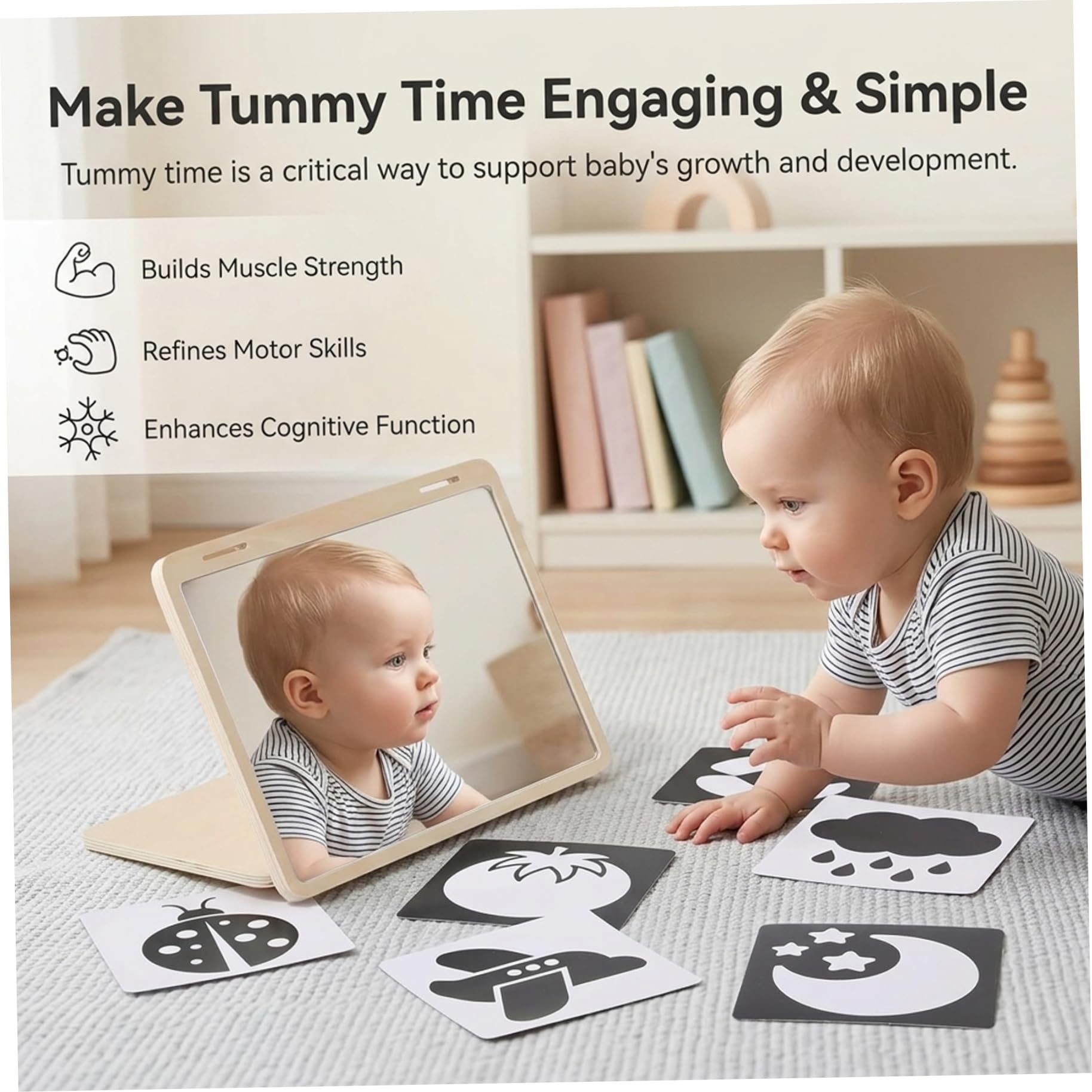 Juguete para bebé con espejo boca abajo, juguete sensorial con espejo Montessori con soporte ajustable y tarjetas visuales para recién nacidos de 0 a 3 meses, madera para juguetes y juegos de de.
