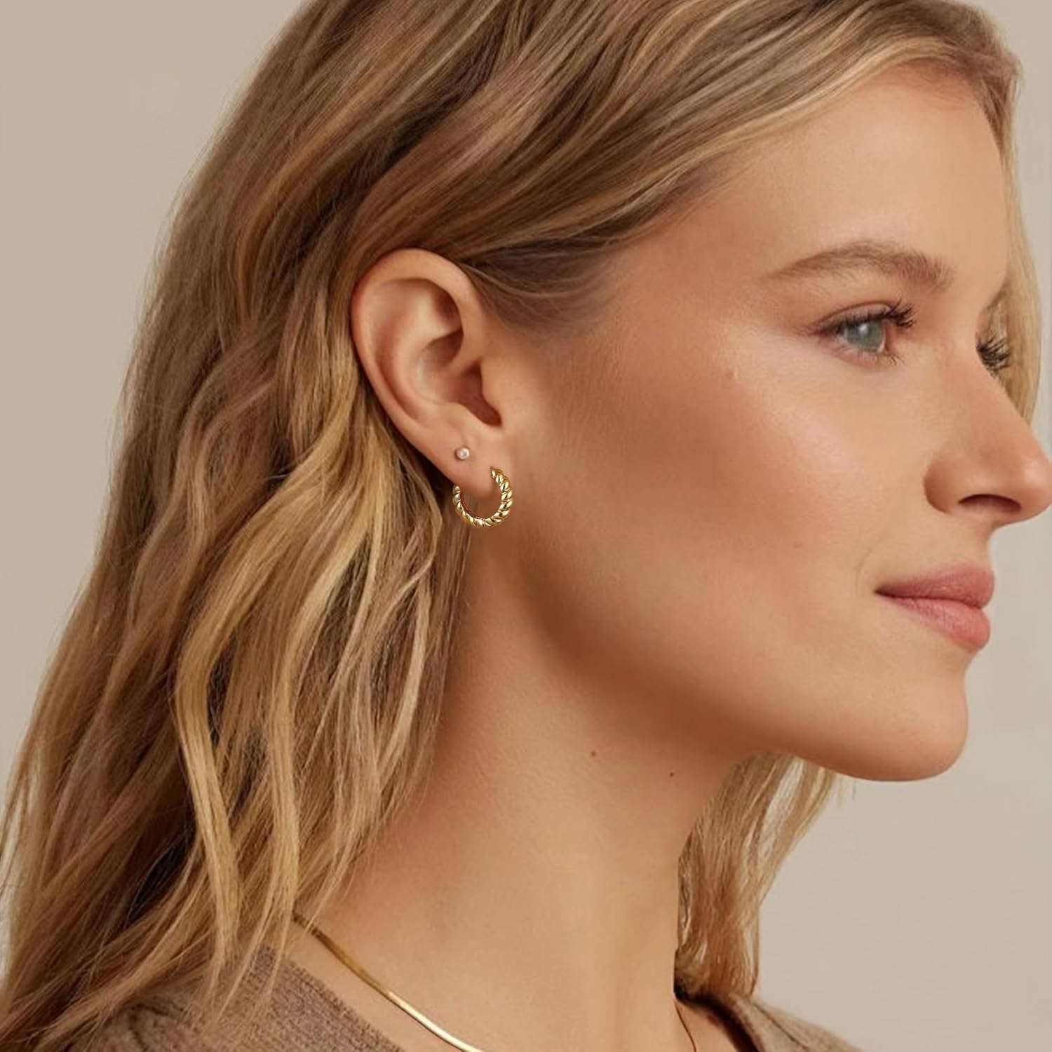 Fiusem Huggie Hoop Earrings for Women 14K Gold Plated, Small Dainty Earrings for Women, Hypoallergenic Hoops 8/10/12 mm - Image 6