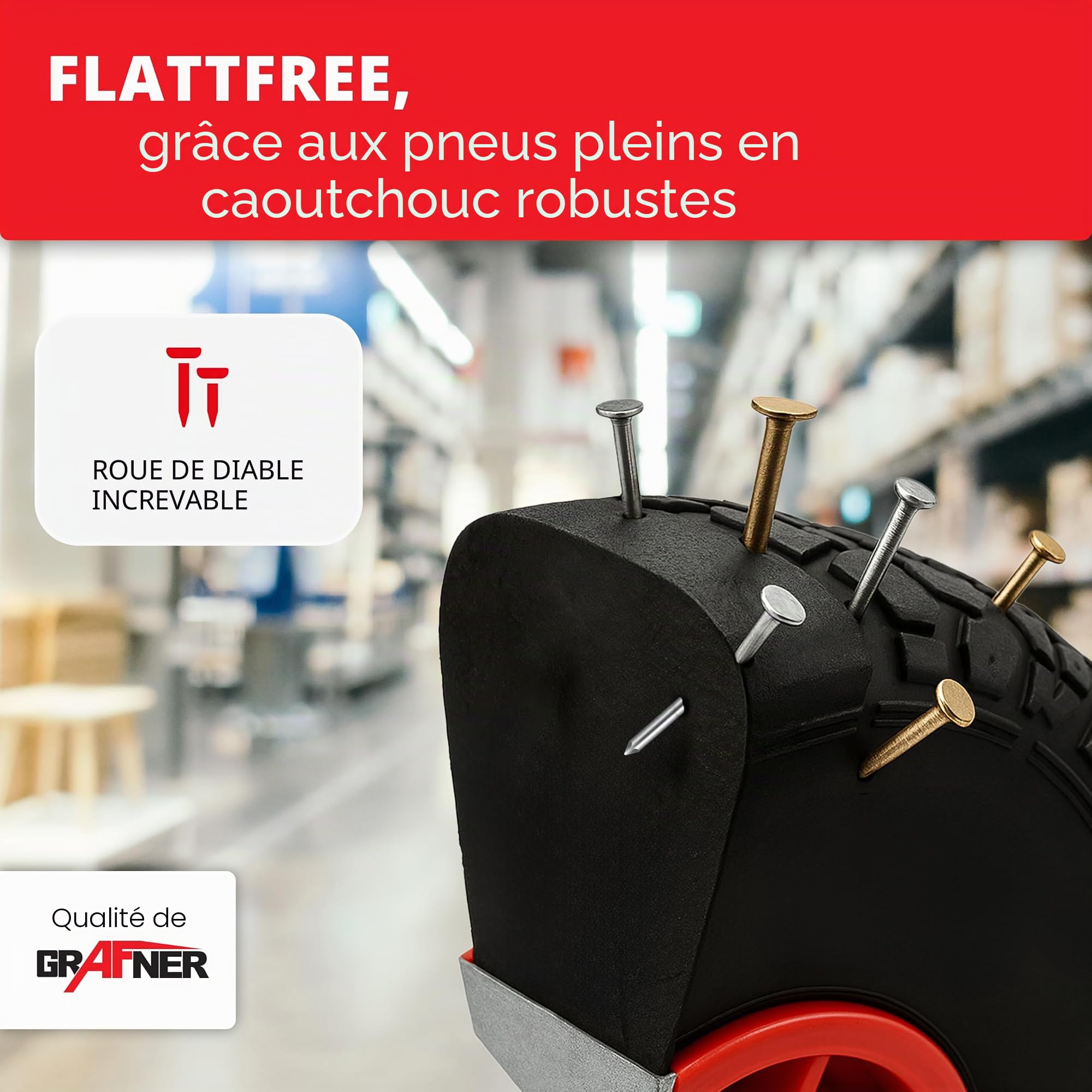 Grafner Diable pliable, pneus en caoutchouc plein, capacité de charge 200 kg, pneus en polyuréthane, poignées et garde-boue, diable de transport en acier, diable de transport, chariot de transport