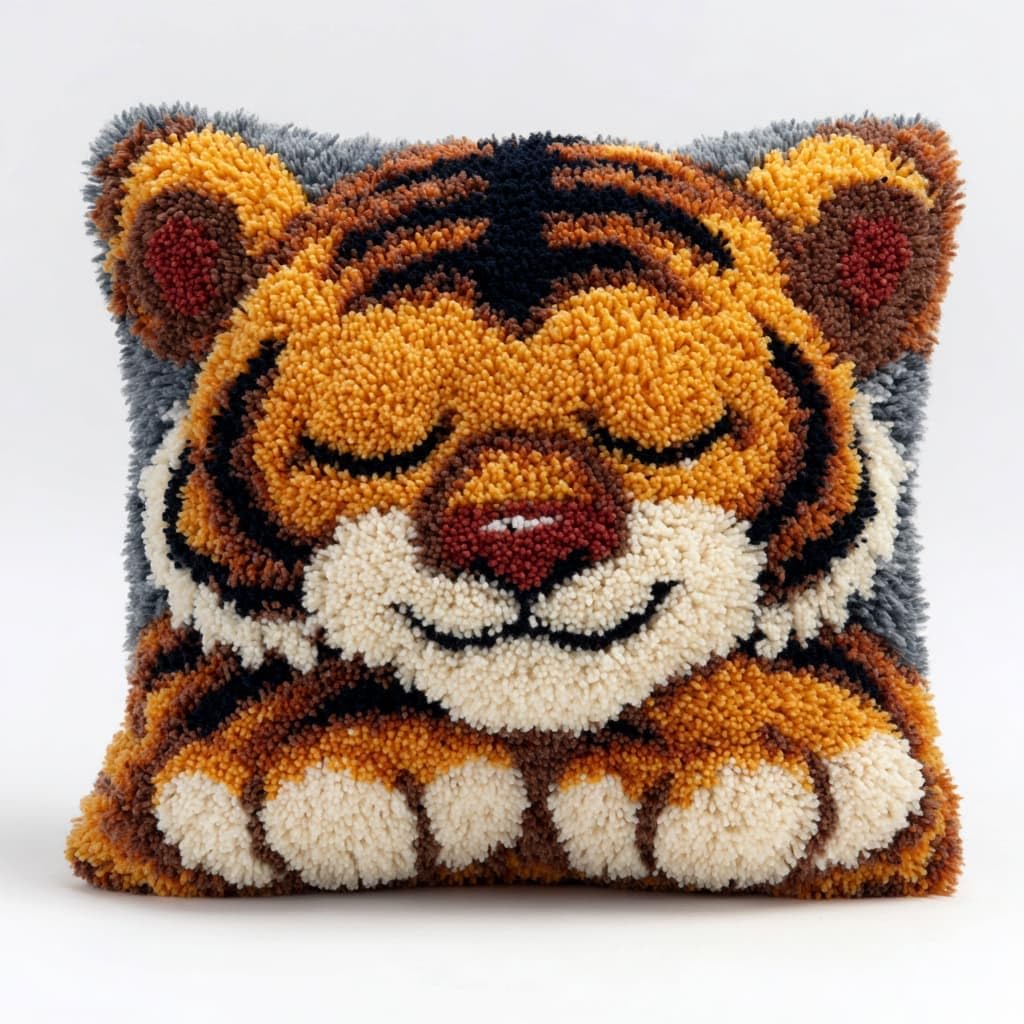 Taxpy Latch Hook Kits, Animal Tiger Pillow DIY Rug Crochet Hook Cushion Making Kits Preprinted Pattern Canvas Handmade Rug Pillow Hooking Kit 43x43cm