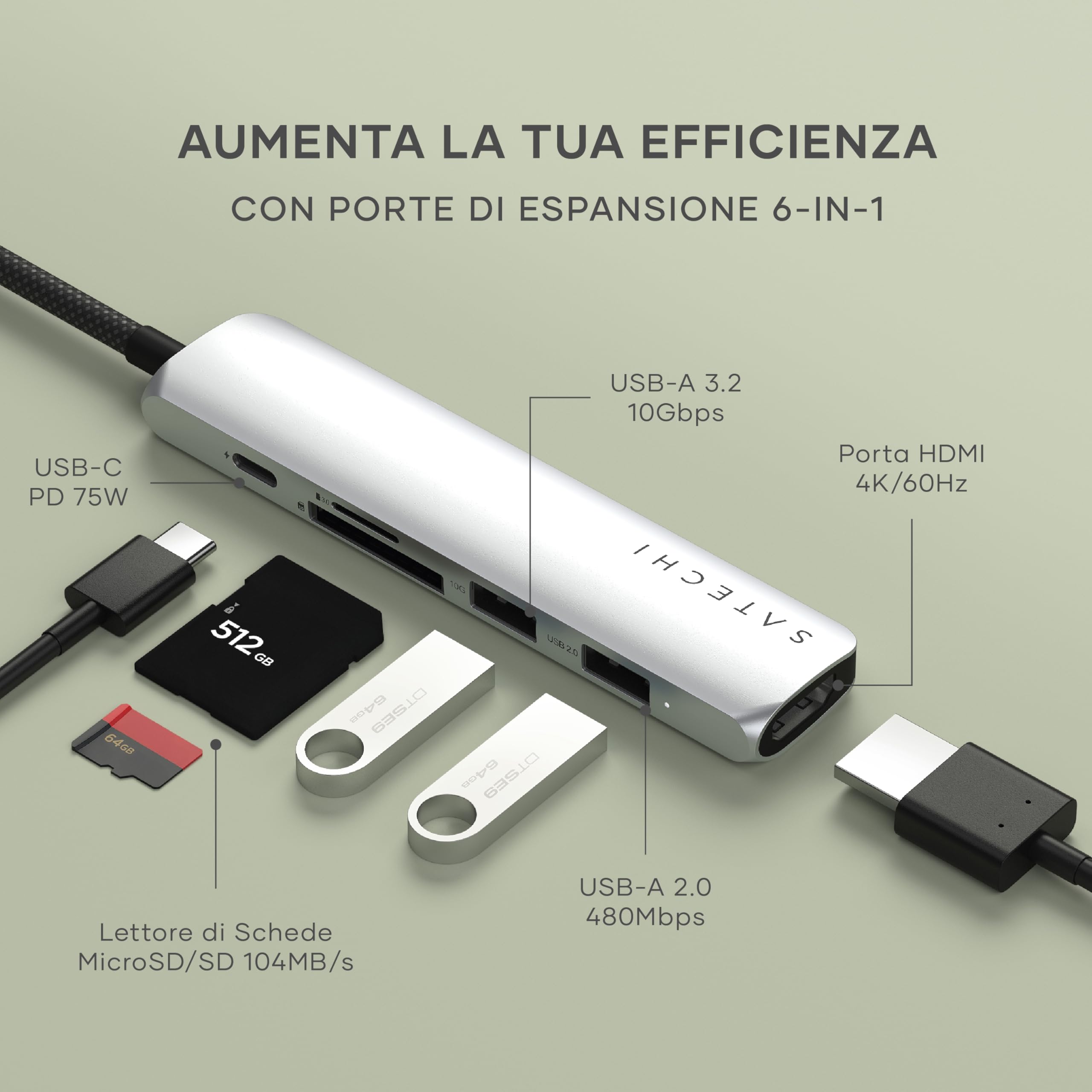 SATECHI Hub USB C 6 in 1 Slim Plus, PD 100W, HDMI 4K, Argento | 2x Porte USB-A 10Gbps, video 4K@60Hz, lettori SD/microSD, per MacBook Air/Pro/Neo, Windows e altro