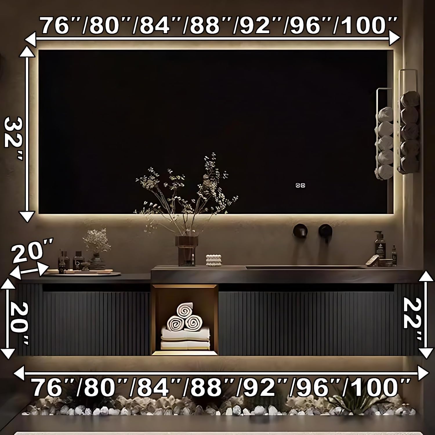 Bathroom Vanity Set with Sink – Modern Wall Mounted Bathroom Vanity Cabinet, Seamless Basin, LED Anti-Fog Mirror, Cabinet with Sink (Grey,80IN)