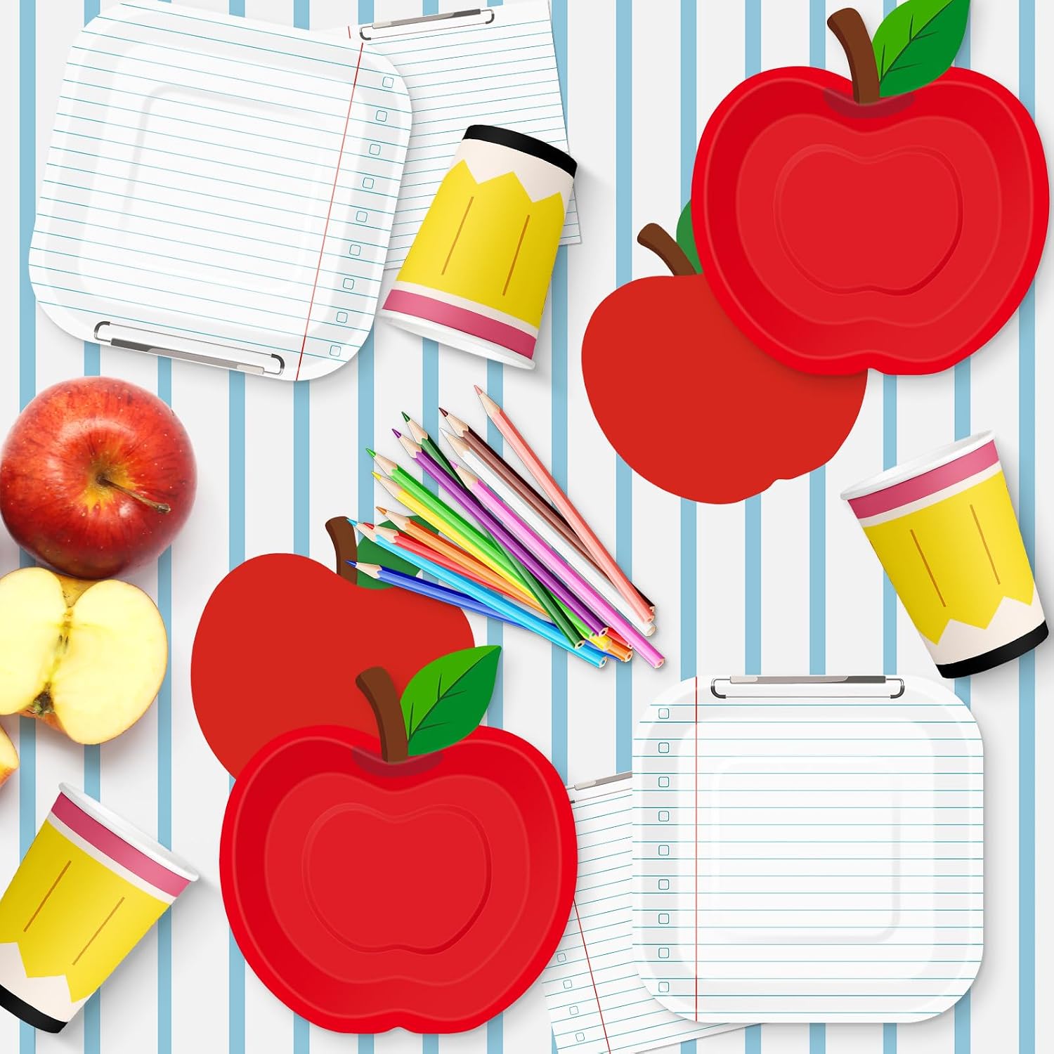 122 Pcs Back to School Decorations Set, Includes Apple Paper Plates Napkins, Notebook Dessert Plates Tablecloth, Cups, Banner and Forks for All Grades First Day of School Decor Party Supples, Serve 24