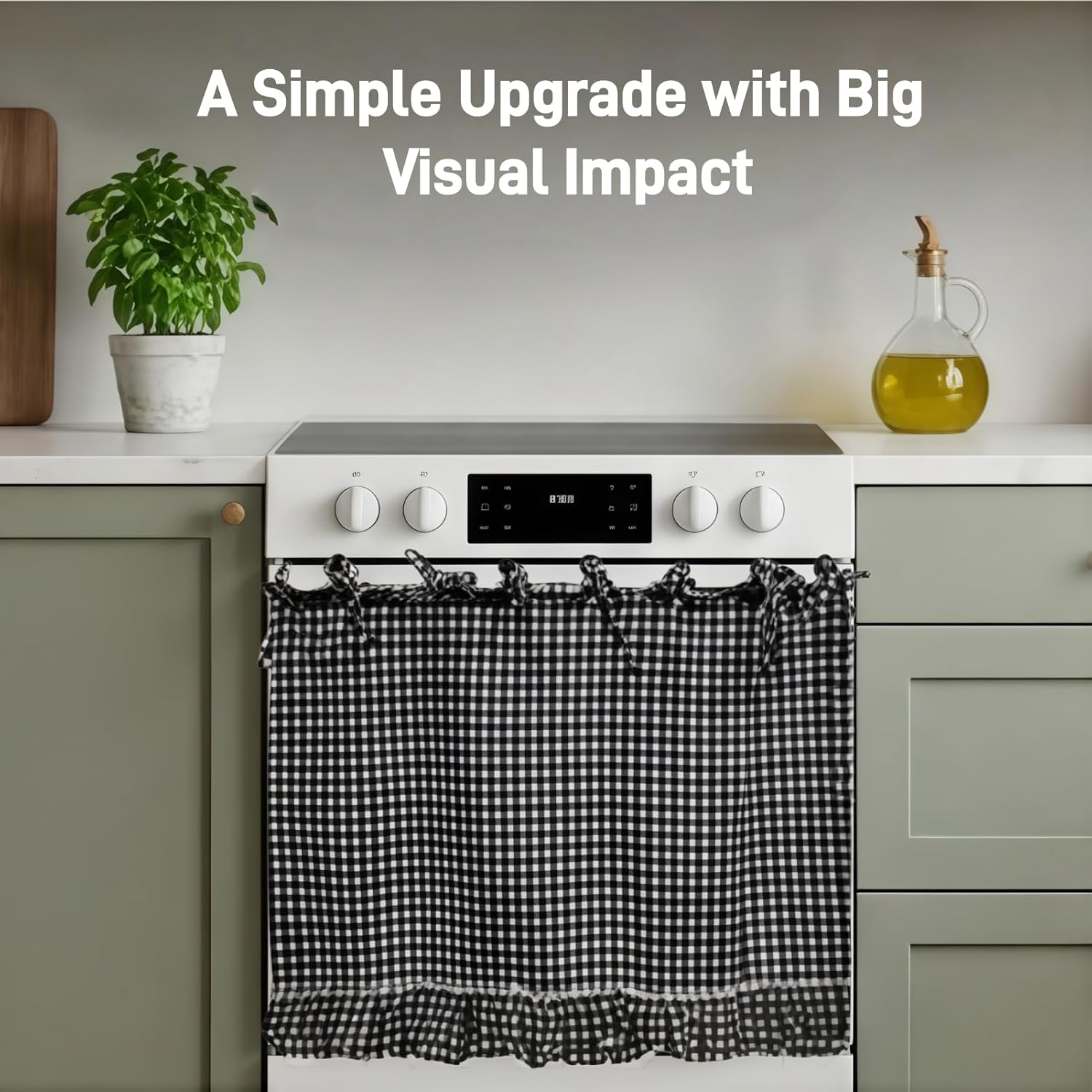 Black Gingham Oven Skirt & Oven Curtain – Dishwasher Safe Cotton Blend Stove Cover with Lace Trim & 8 Ribbon Ties, Farmhouse Kitchen Decor