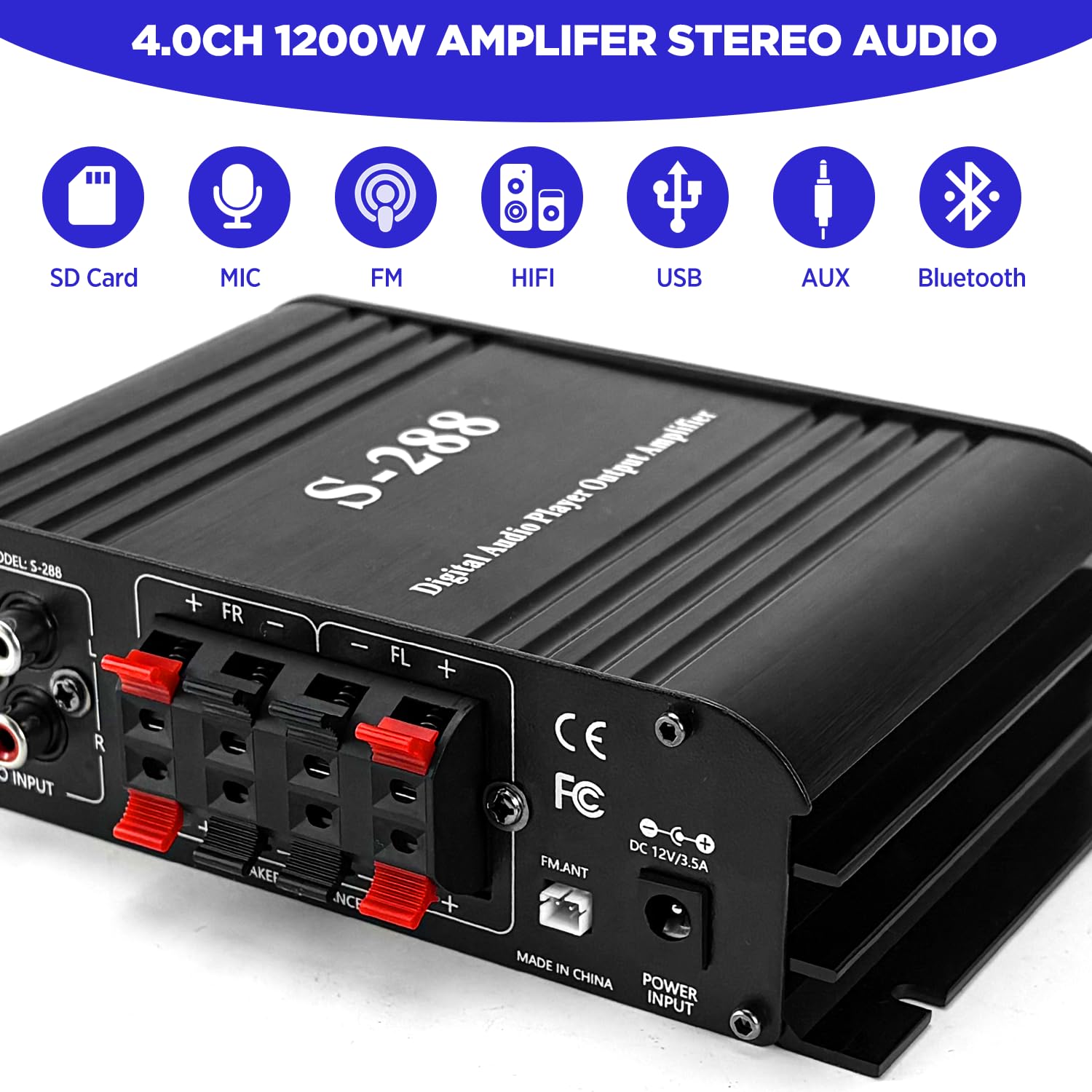 4 Canales Amplificador, 1200W Audio Estéreo Amplificador, Bluetooth 5.0 Mini Hi-Fi Digital Amperio Integrado para los Altavoces del hogar 35W x4, SD/FM/Micrófono