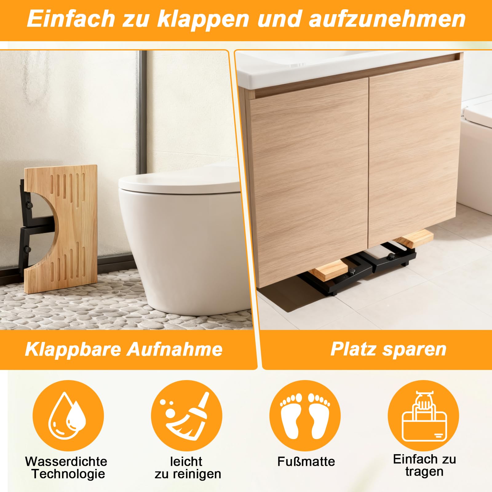 Klappbarer Toilettenhocker aus Holz, Klohocker Hö henverstellbar, Tragbarer WC Toiletten Hocker mit Rutschfester Matte, Kackhocker für Kinder, Erwachsene, Hilfe beim Stuhlgang