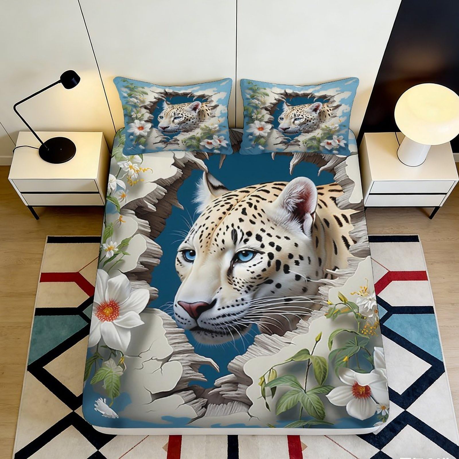 3D Printed Leopard Jungle Fitted Sheet Microfiber Soft Anti-Slip Floral Mattress Cover for Bedroom Dorm Decor 160x200x25cm