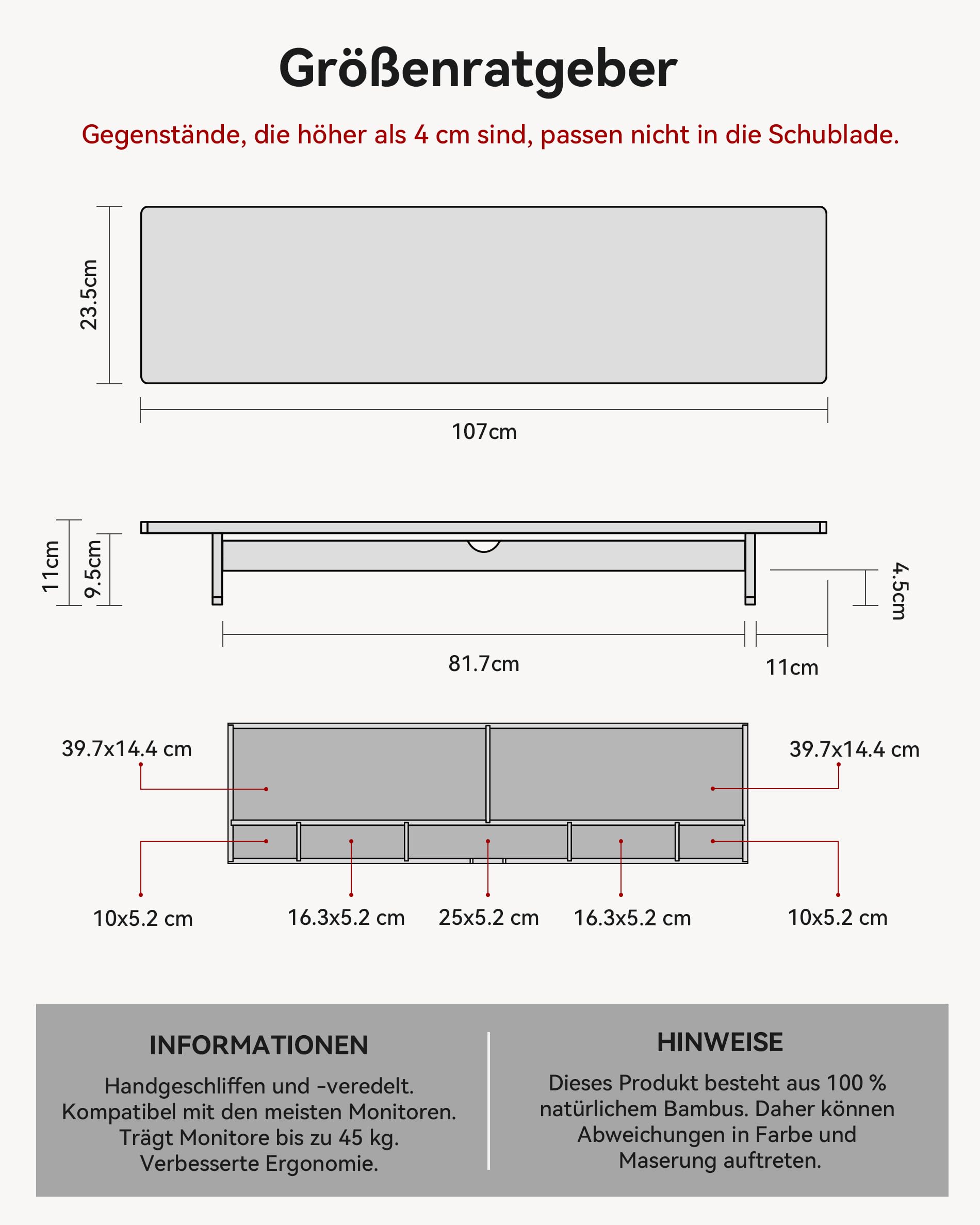 WELL WENG Bambus Monitorständer mit groß Schublade Bildschirmständer , 107x23,5x11 cm,Monitorerhöhung ergonomischer Bildschirmerhöhung schreibtisch mit Platz für die Tastatur, Naturbambus