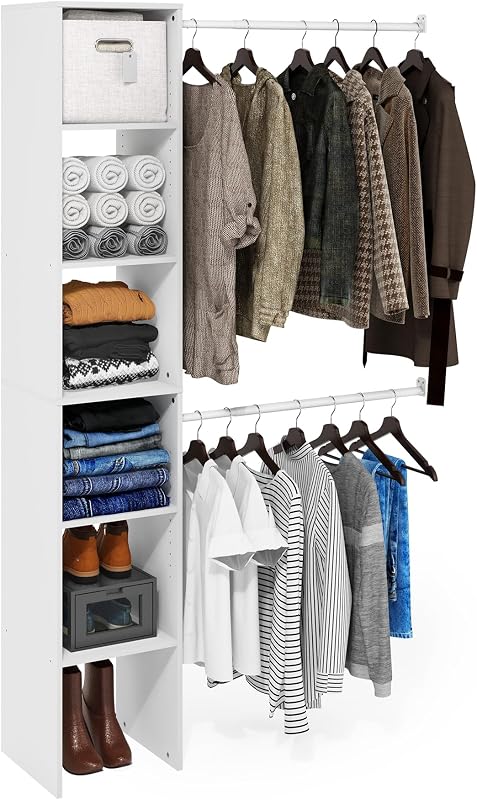 FANO Closet Organizers and Storage, 5-Tier Closet Storage Organizer with 2 Hanging Bars, Wardrobe Closet Shelf Towers, Adjustable Shelves, for Wardrobe, Bedroom, Living Room, White