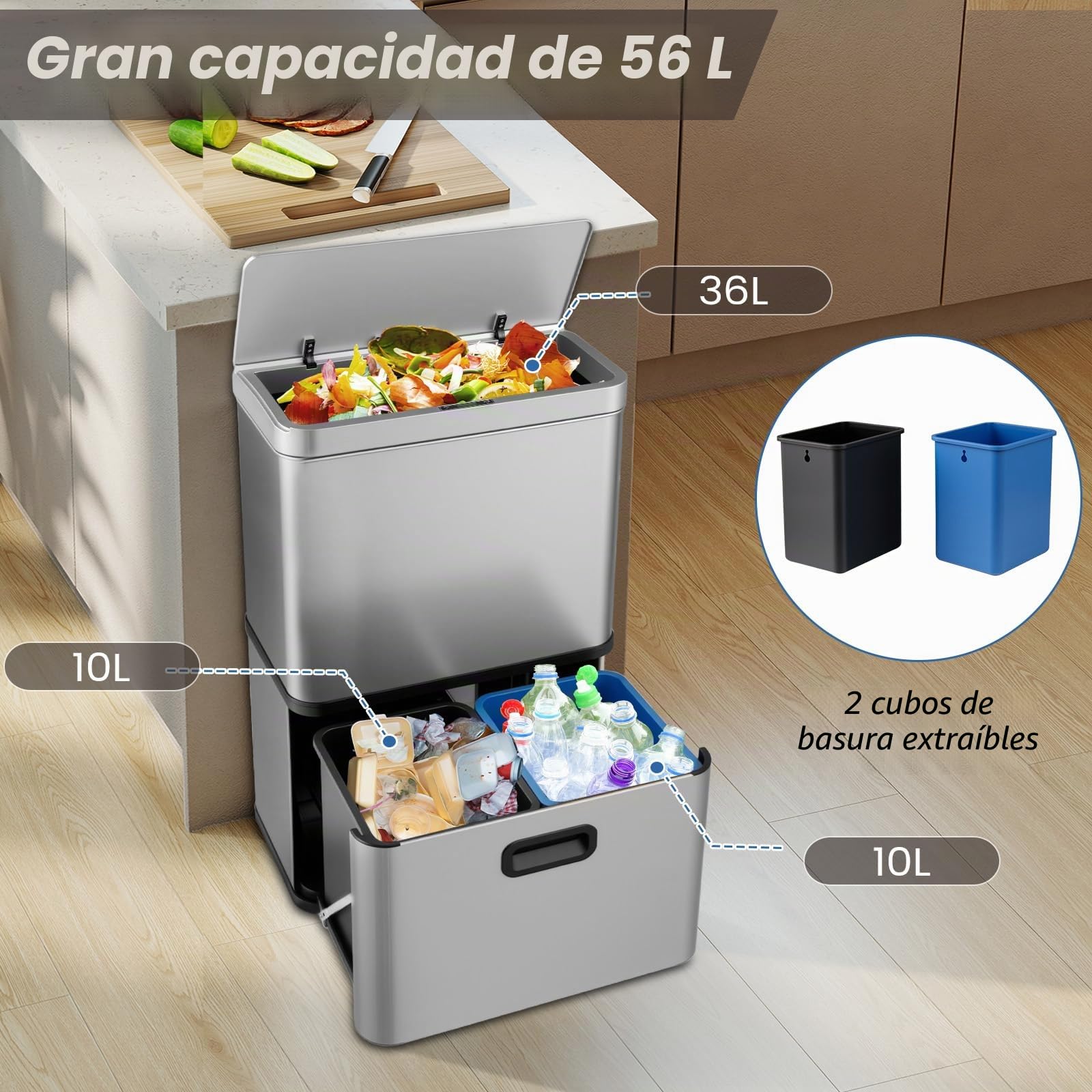 LIFEZEAL 56L - Papelera de Acero Inoxidable con Sensor, Cubo de Basura con 2 Bandejas Extraíbles y Tapa de Mantenimiento Abierto y Cierre, Sin Contacto para Interior, Cocina, Salón (Plata)