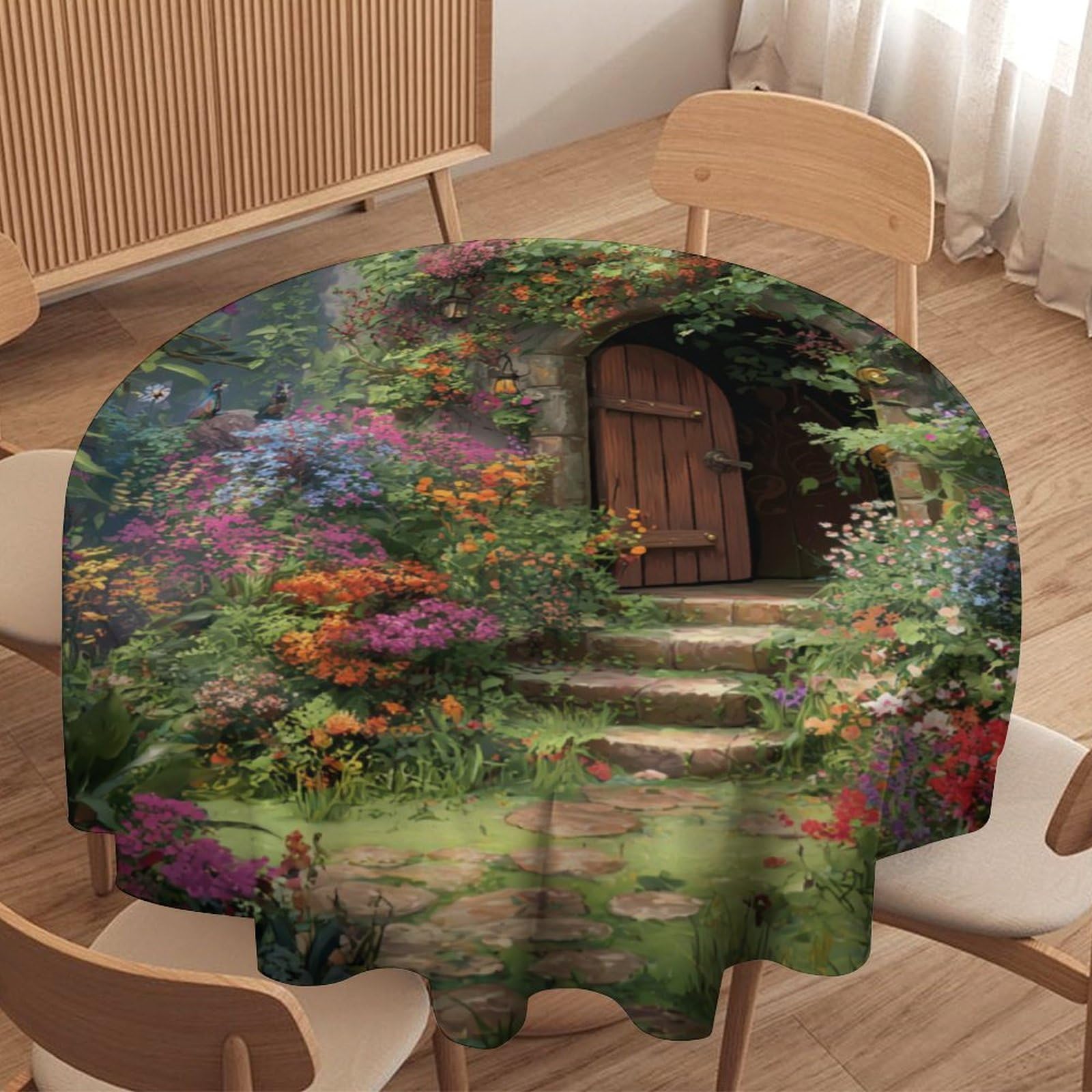 LUYYSKY Fantasy Fairy Log Cabin Door Waterproof Round Tablecloth Romantic Natural Spring Forest Colorful Floral Pattern Washable Table Cover for Kitchen-127 Wx127 L cm
