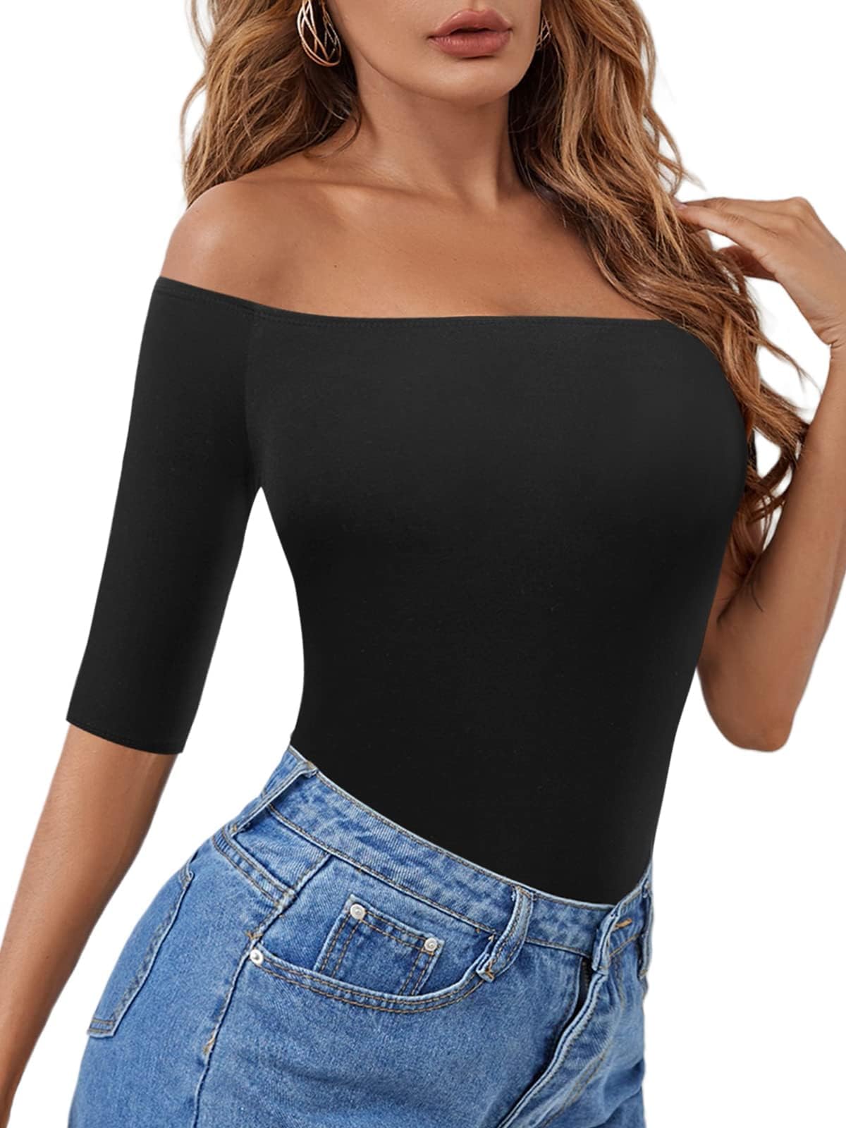 LilyCocoWomen's Off The Shoulder Tops Elbow Sleeve Boatneck T-Shirt Slim Stretchy Shirts Slim Stretchy Shirt