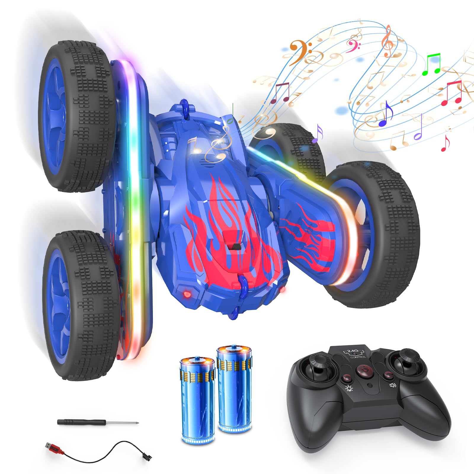 Wipkviey Remote Control Car, RC Stunt Car with Universal Wheels, 40 Mins Playtime 4WD Double Sided 360° Rotating Remote Control with Music and Headlights, Remote Car Outdoor Toys for Kids (Blue)