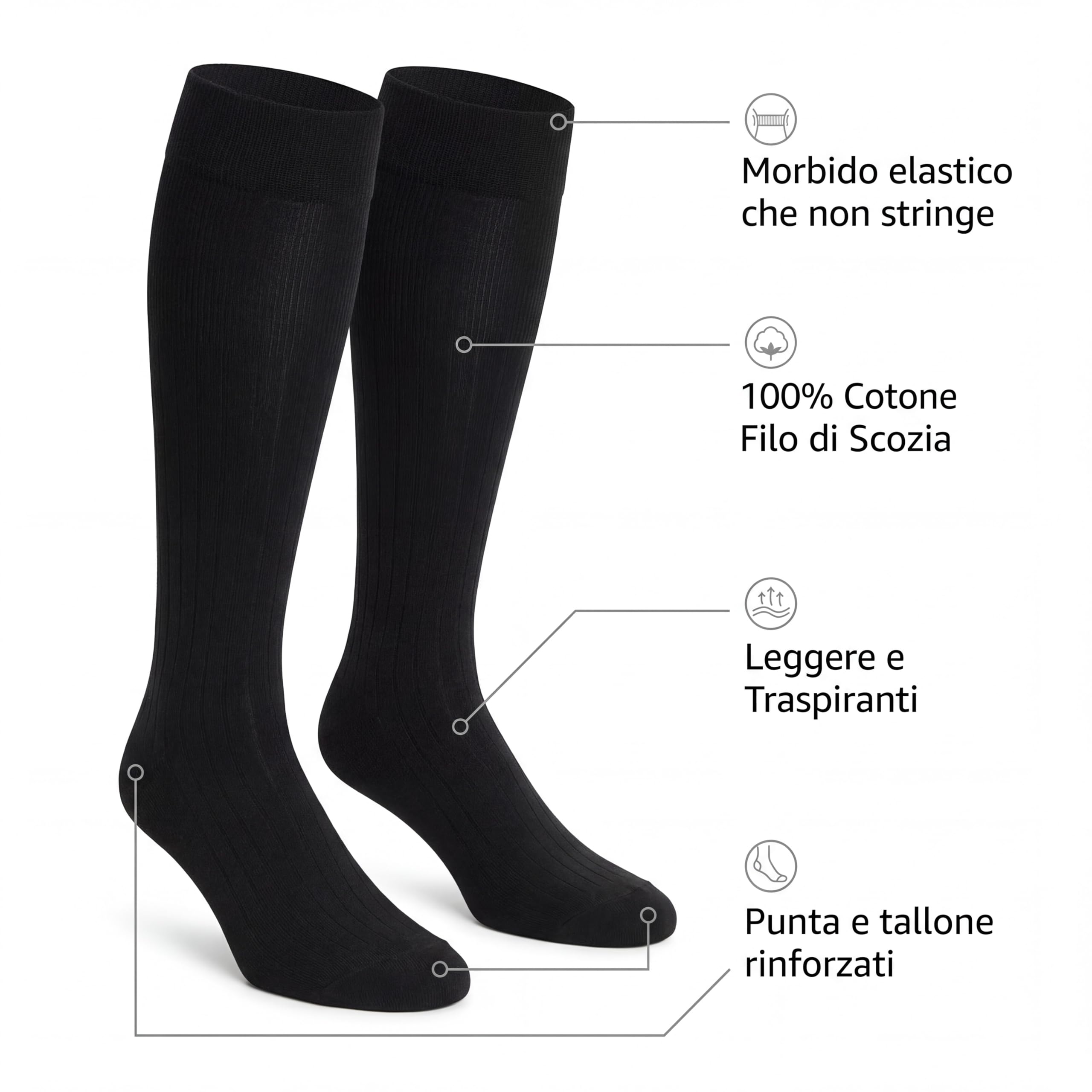 Ciocca 6 Paia Calze Uomo Lunghe a Costa Larga in Filo di Scozia 100% Cotone Eleganti Business Formali Traspiranti Comfort Quotidiano