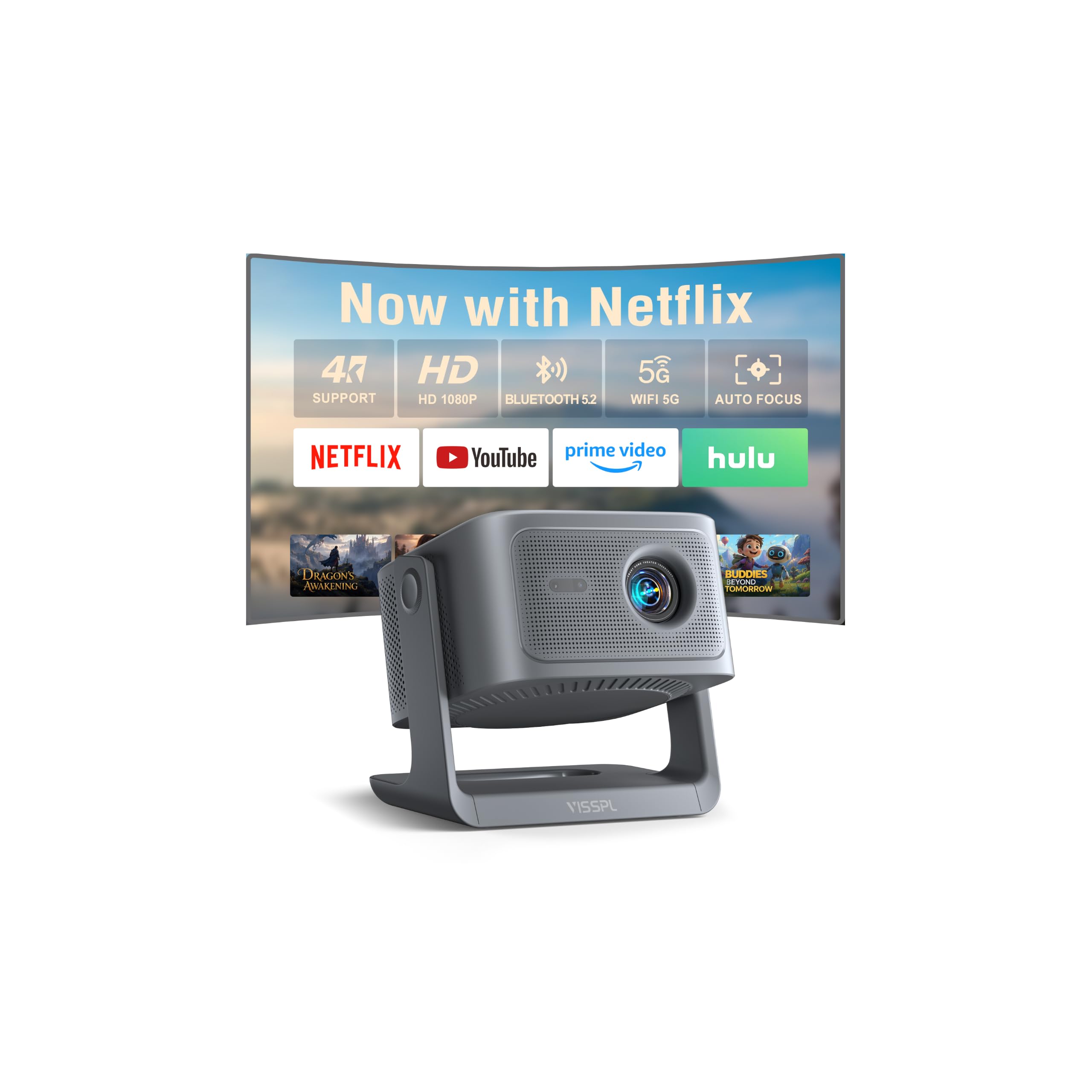 【Compatible with Netflix &amp; 3000ANSI】Smart 4K Projector with WiFi and Bluetooth, VISSPL Auto Focus Portable Outdoor Projector, 3D Dolby Audio Movie Home Theater Ceiling Projectors