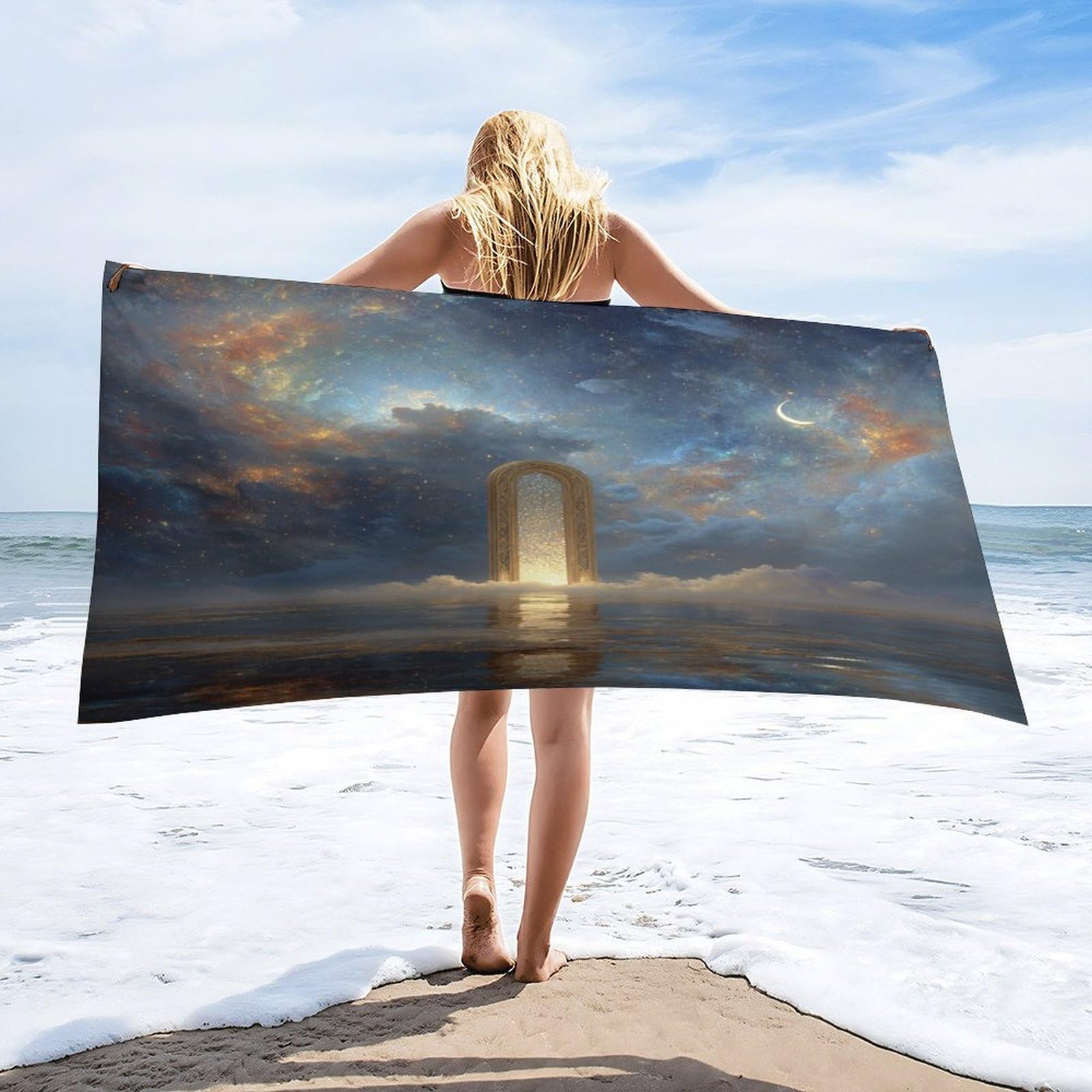 Luyysky Rustic Colorful Galaxy Archway Absorbent Beach Towel, Classic Watercolor Planet Moon Outer Space Constellation Starry Sky Outdoor Single-Sided Velvet Beach Towel-80 W Cm X 160" L Cm