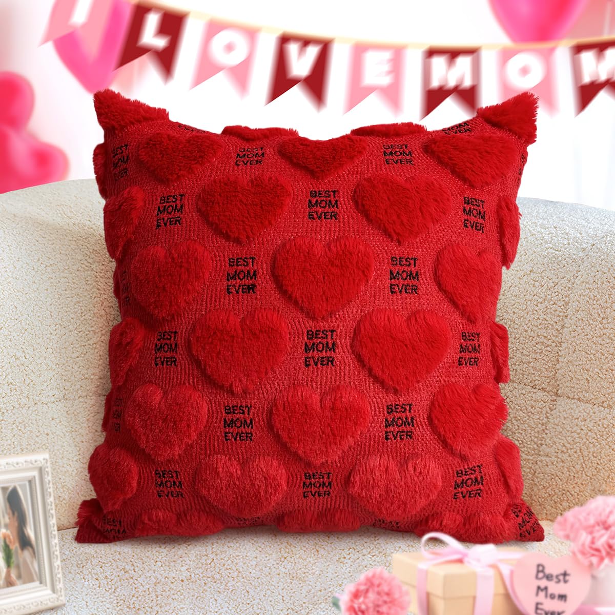 Mothers Day for Mom Gift, Best Mom Ever Embroidered Throw Pillow Covers 18x18 in, Red Heart Pillowcase Soft Plush Faux Wool Couch Birthday Gifts for