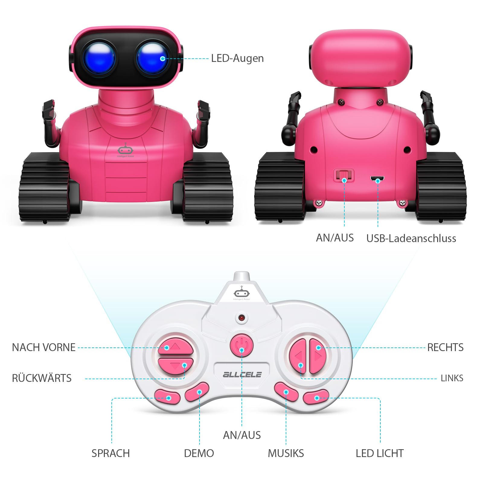 ALLCELE Robot zabawka dla dziewczynek, zabawka RC z pilotem zdalnego sterowania, słodki wygląd, interesująca muzyka, oczy LED i elastyczne ramiona, idealny prezent na Boże Narodzenie dla dzieci 3+