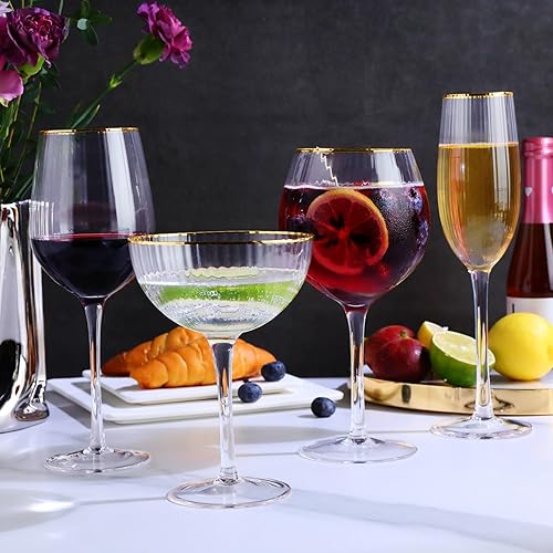 Miniatura 7 de Royalrose Vasos cupé estriados de alta calidad, borde dorado vintage de 11 onzas, vidrio fino soplado a mano, elegante utensilios de bar para