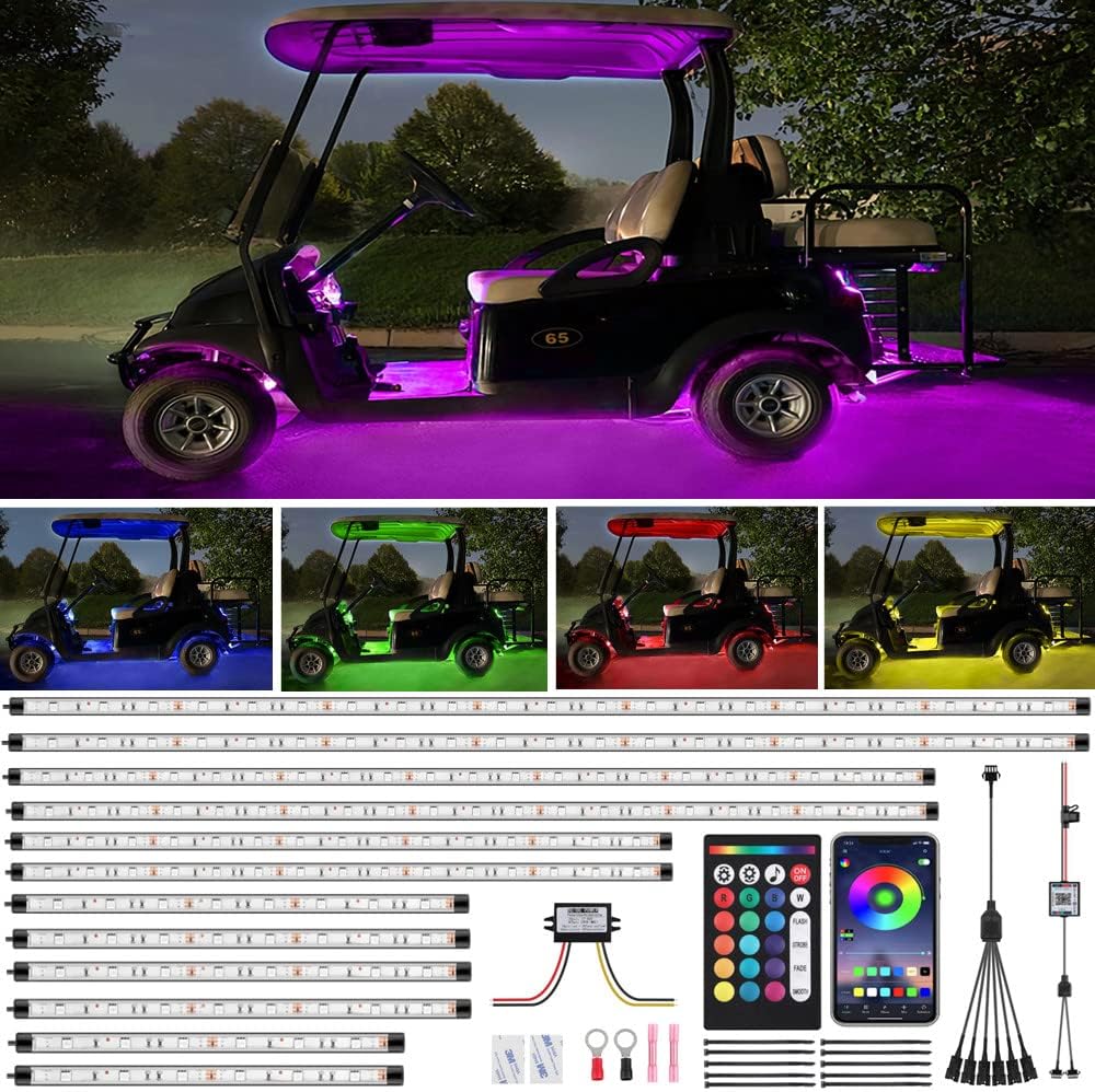 ROLiGHTiC 12 Pcs Golf Cart Underglow LED Lights Strip Kit, Multi-Color Golf Cart Led Lights with Canopy Lights, Wheel Lights and Interior Lights, RF/APP Control, Build in Voltage Reducer