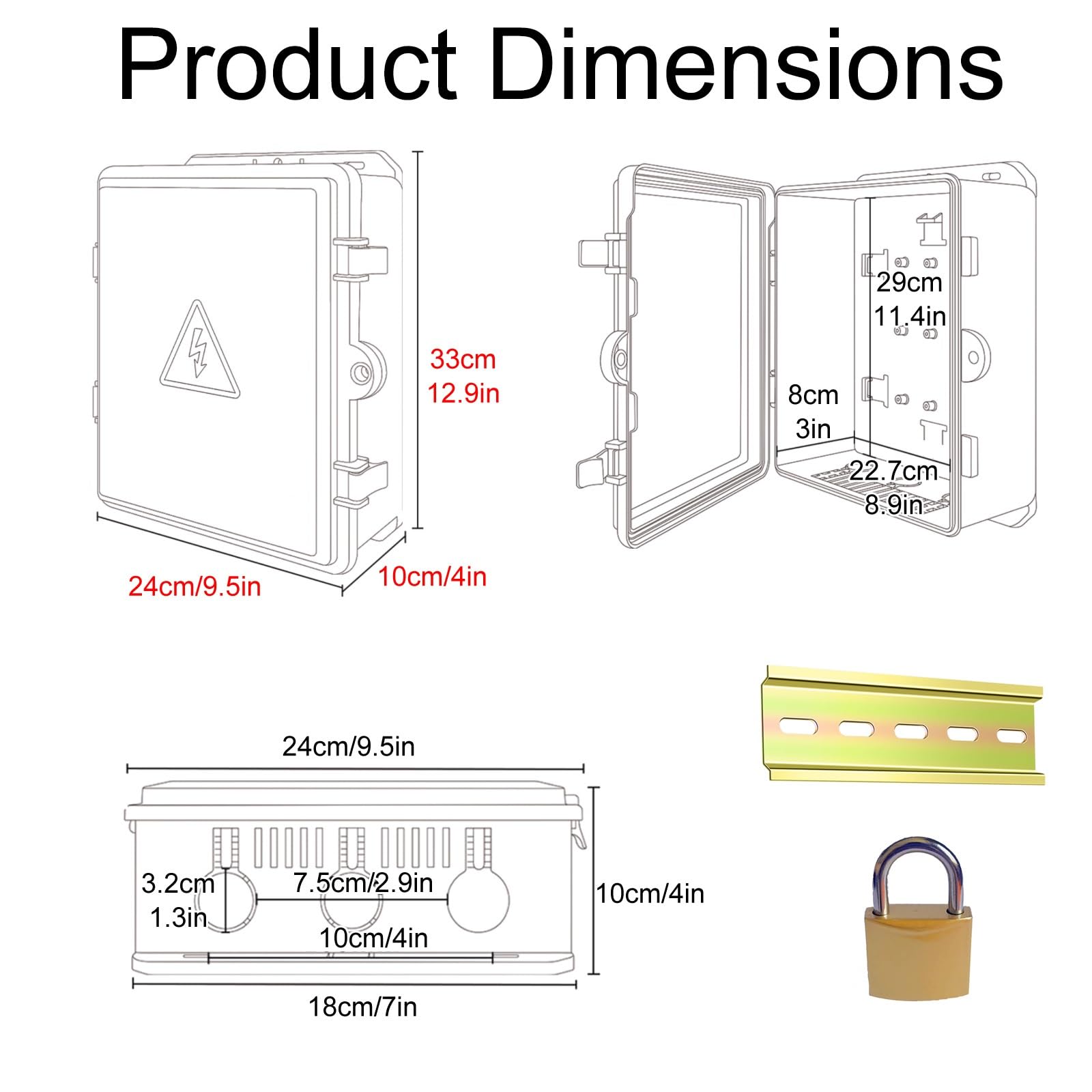 Schaltschrank Kunststoff Für den Außenbereich, IP65-Elektrokasten für Wlan-Elektronik, Anschlussdose aus Kunststoff mit Schiene, Schloss und Wandbefestigungsbohrung(Black,24X10X33cm)