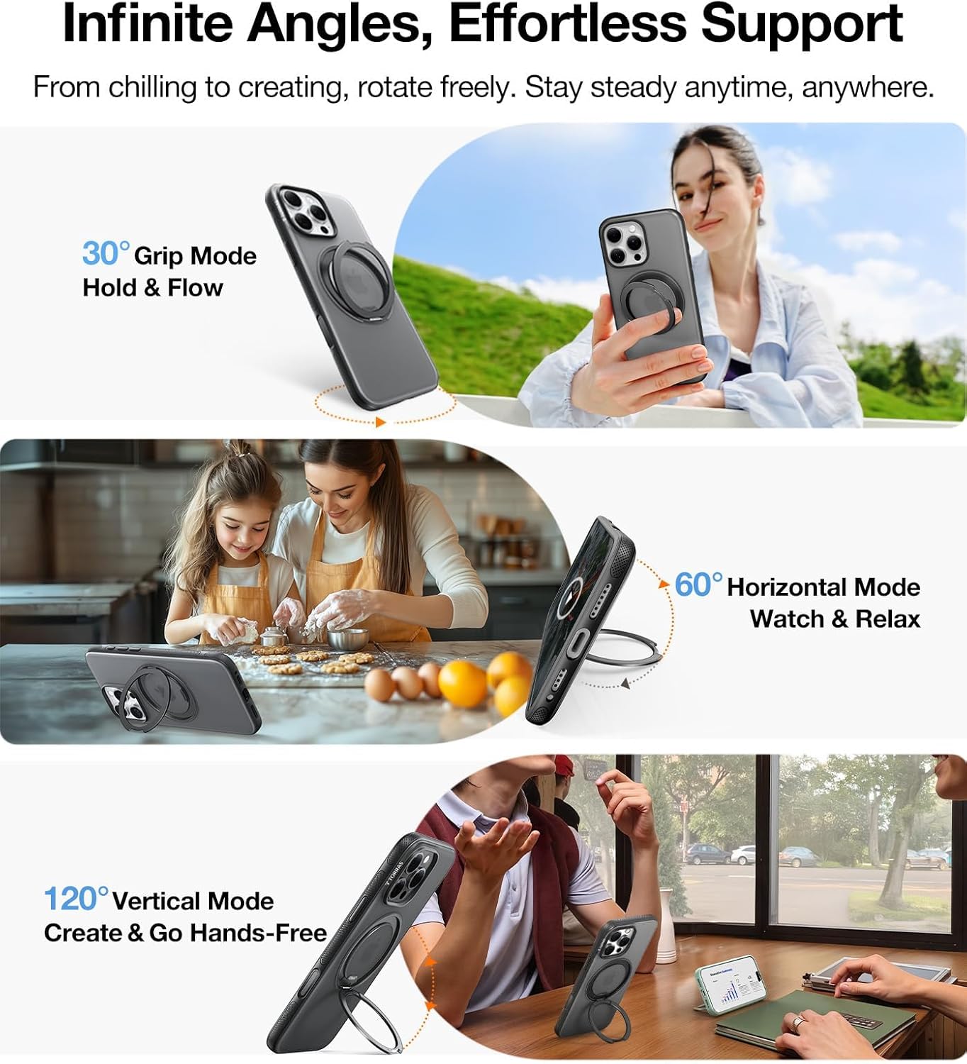 TORRAS for iPhone 16 Pro Case 360 Magnetic Stand O3 Fitness Series, [Fit for MagSafe] [360° Rotating Kickstand] 4X Mil-Grade Shockproof, Camera Control Button, Slim, Translucent Obsidian Black
