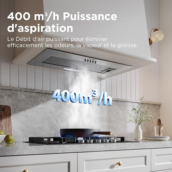 COMFEE' BIHT17SS-52 Hotte aspirante encastrable, Puissance d'aspiration de 400 m³/h, 3 vitesses, avec filtre en aluminium à 5 couches, 52 cm, LED, Argent - 3
