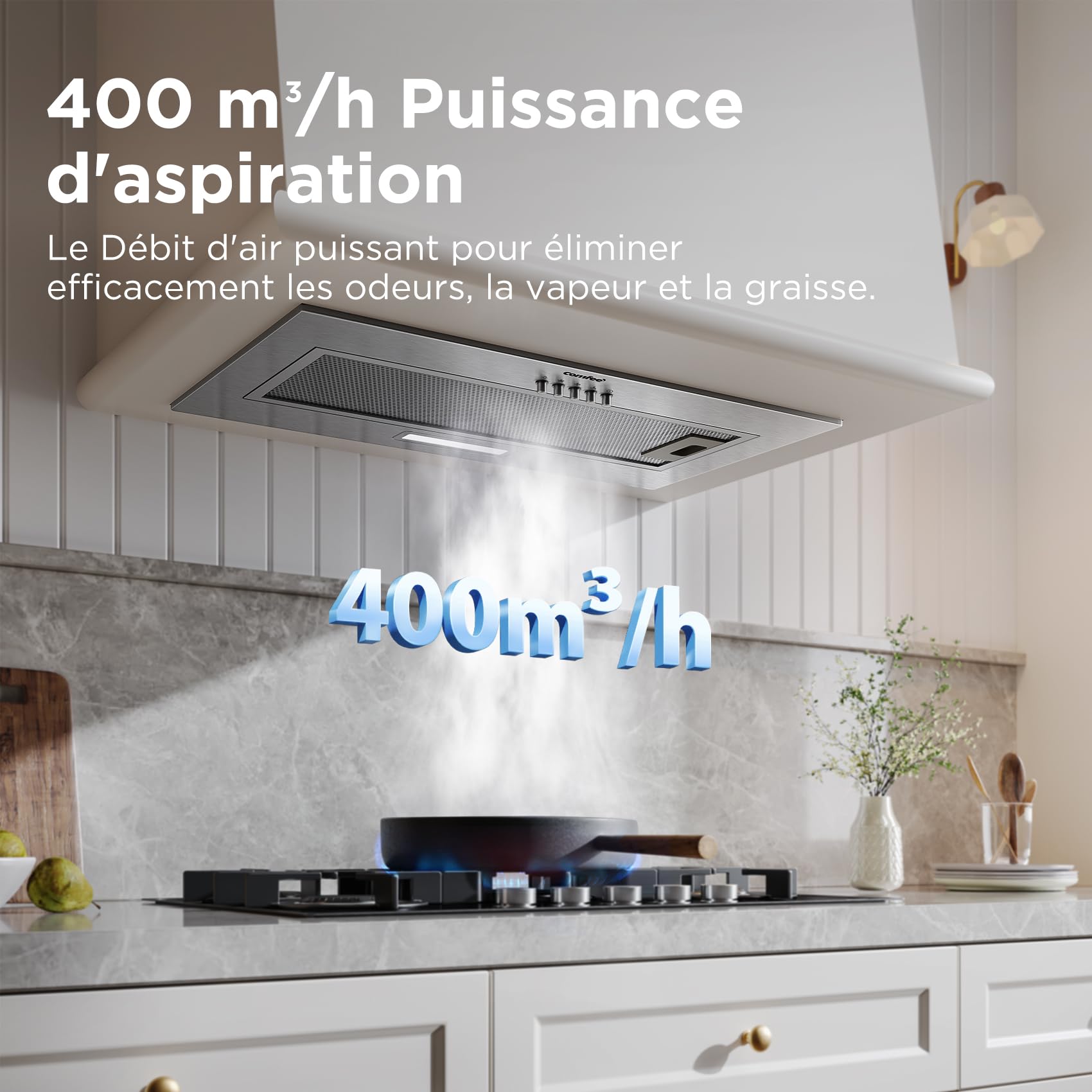 COMFEE' BIHT17SS-52 Hotte aspirante encastrable, Puissance d'aspiration de 400 m³/h, 3 vitesses, avec filtre en aluminium à 5 couches, 52 cm, LED, Argent