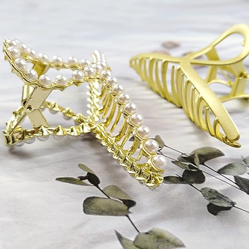 Miniatura 4 de Pinzas de metal grandes para el cabello para mujeres con perlas de 4.3 pulgadas, pinzas antideslizantes para el cabello grueso roscado, pinzas de