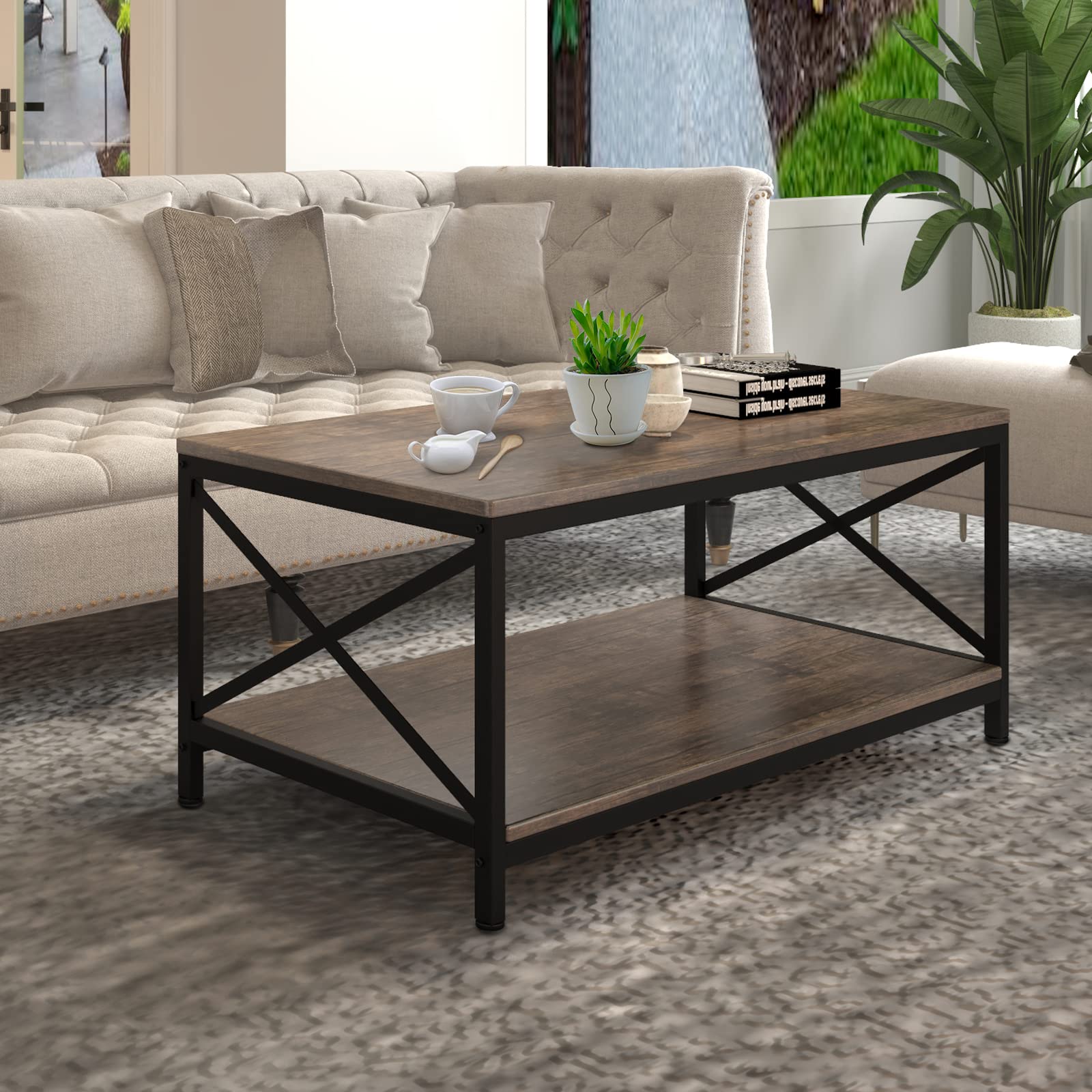 FITIndustrial Coffee Table Metal Frame with Open Storage Shelf, Farmhouse Coffee Table for Living Room, Rustic Brown