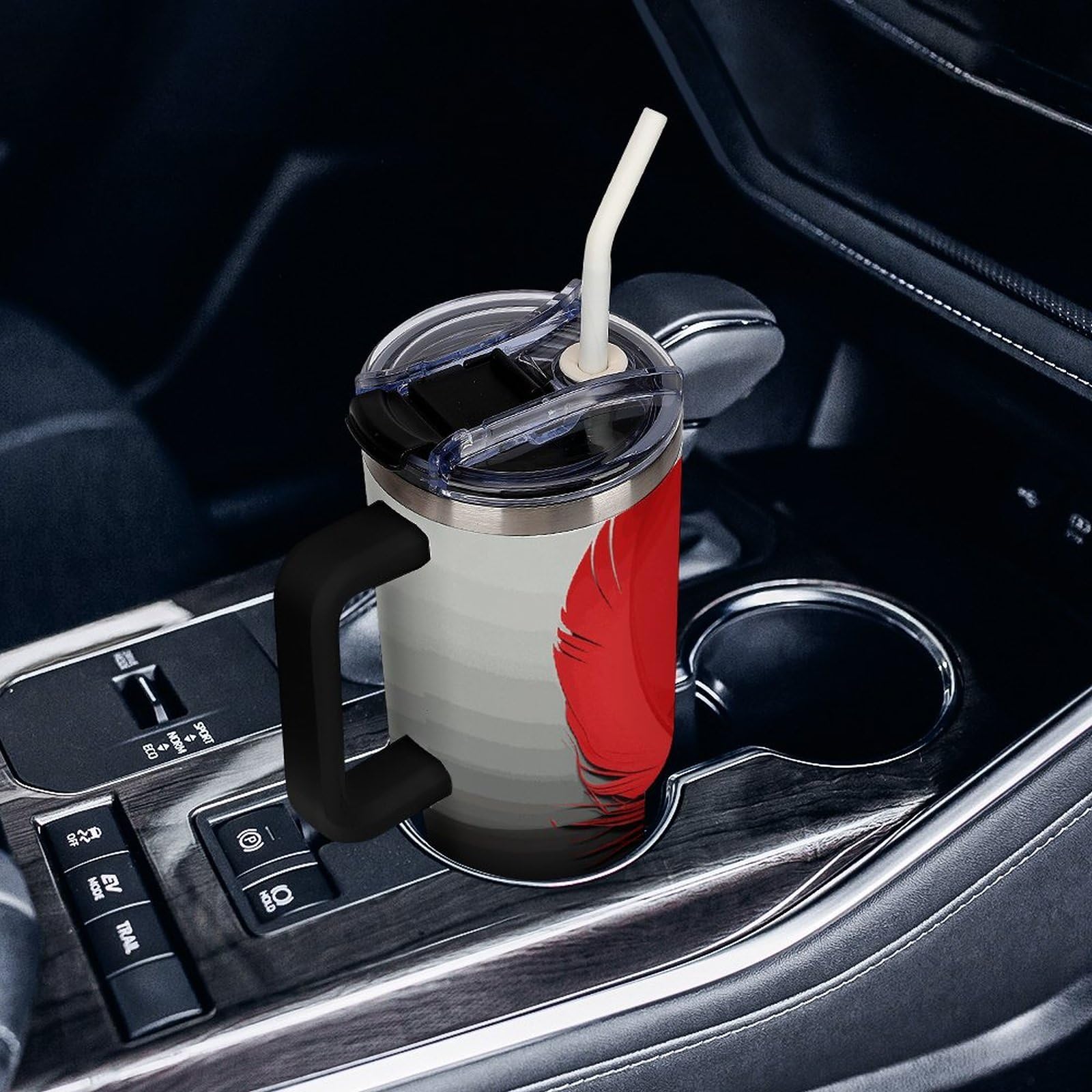 Autobecher aus 304 Edelstahl, 1,2 l, roter und schwarzer Federbecher mit Strohhalm und auslaufsicherem Deckel, großes Fassungsvermögen, vakuumisolierter Reisebecher für Auto-Becherhalter